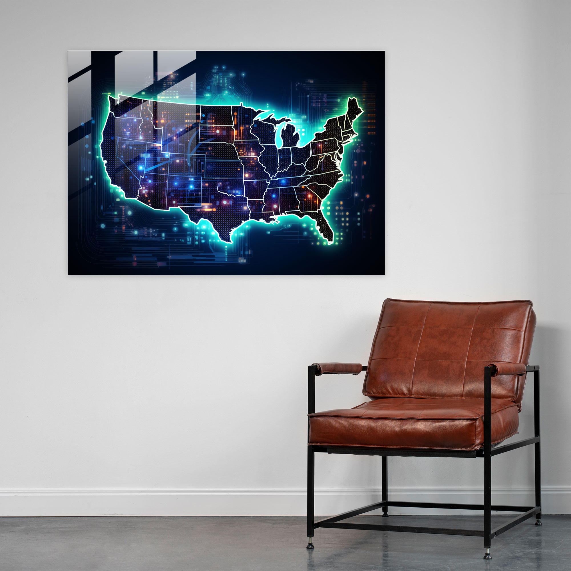 Gelecek Odaklı Amerika Birleşik Devletleri Haritası Cam Tablosu - Amerika Birleşik Devletleri Haritası Duvar Dekorasyonu Cam Sanatı Neon Renkler