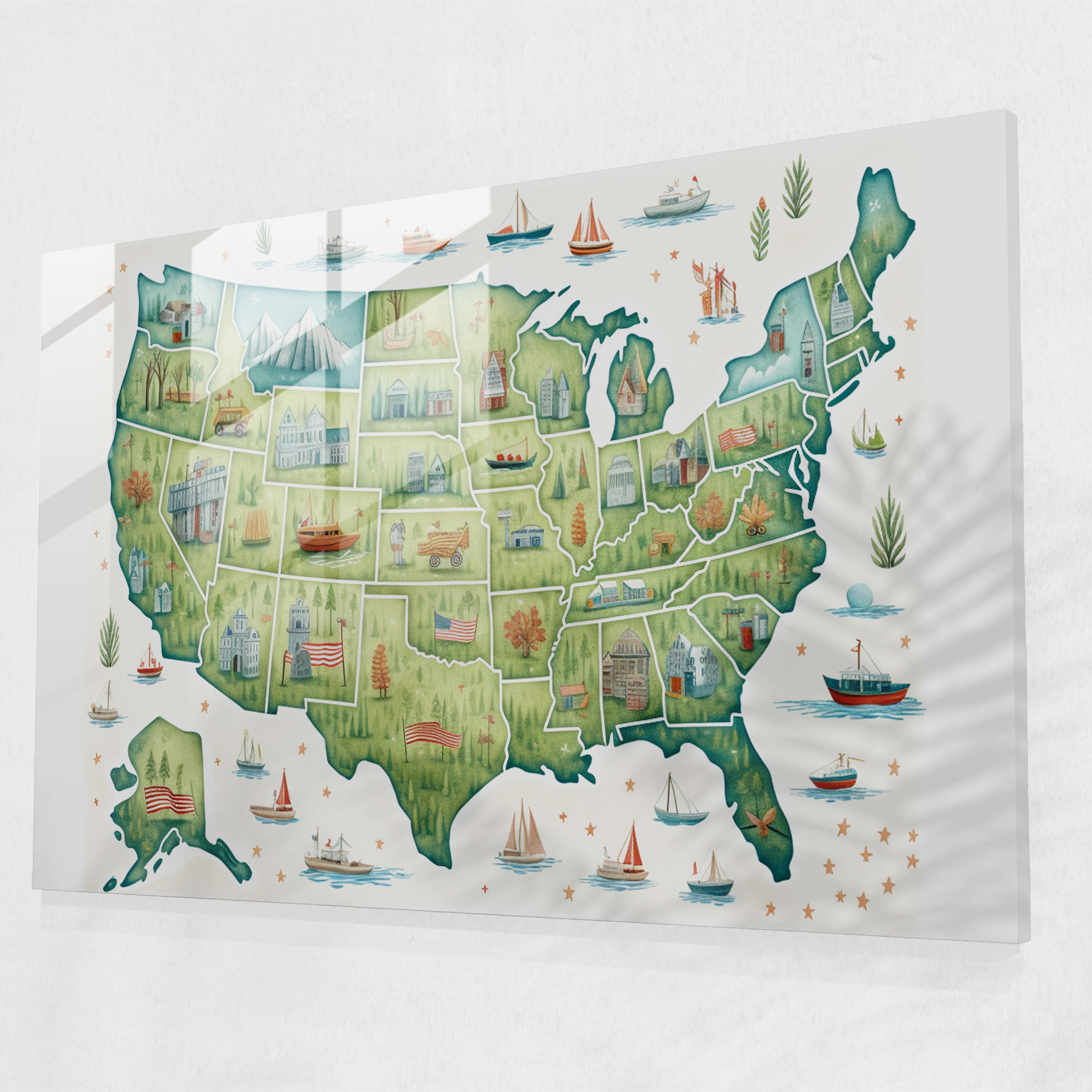 Whimsical United States Of America Map Glass Wall Art - United States Of America Map, Modern Art, Imaginative Design, Home Decoration