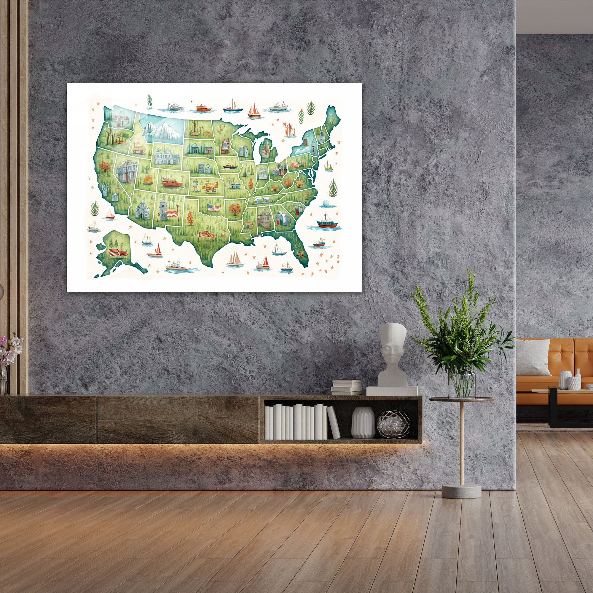 Whimsical United States Of America Map Glass Wall Art - United States Of America Map, Modern Art, Imaginative Design, Home Decoration