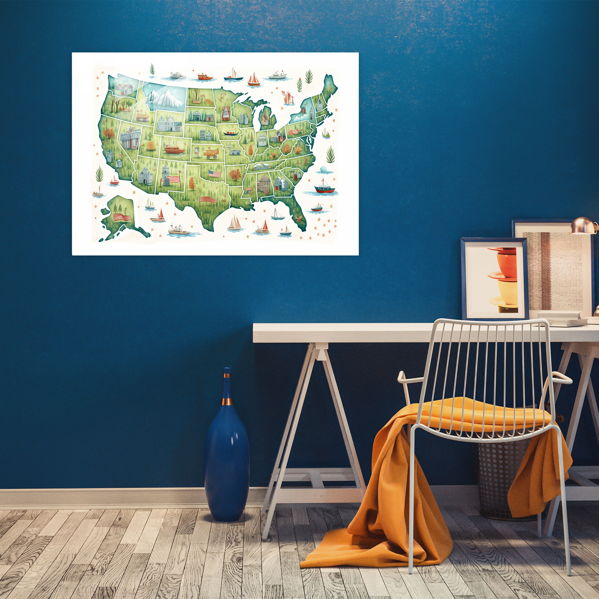 Whimsical United States Of America Map Glass Wall Art - United States Of America Map, Modern Art, Imaginative Design, Home Decoration