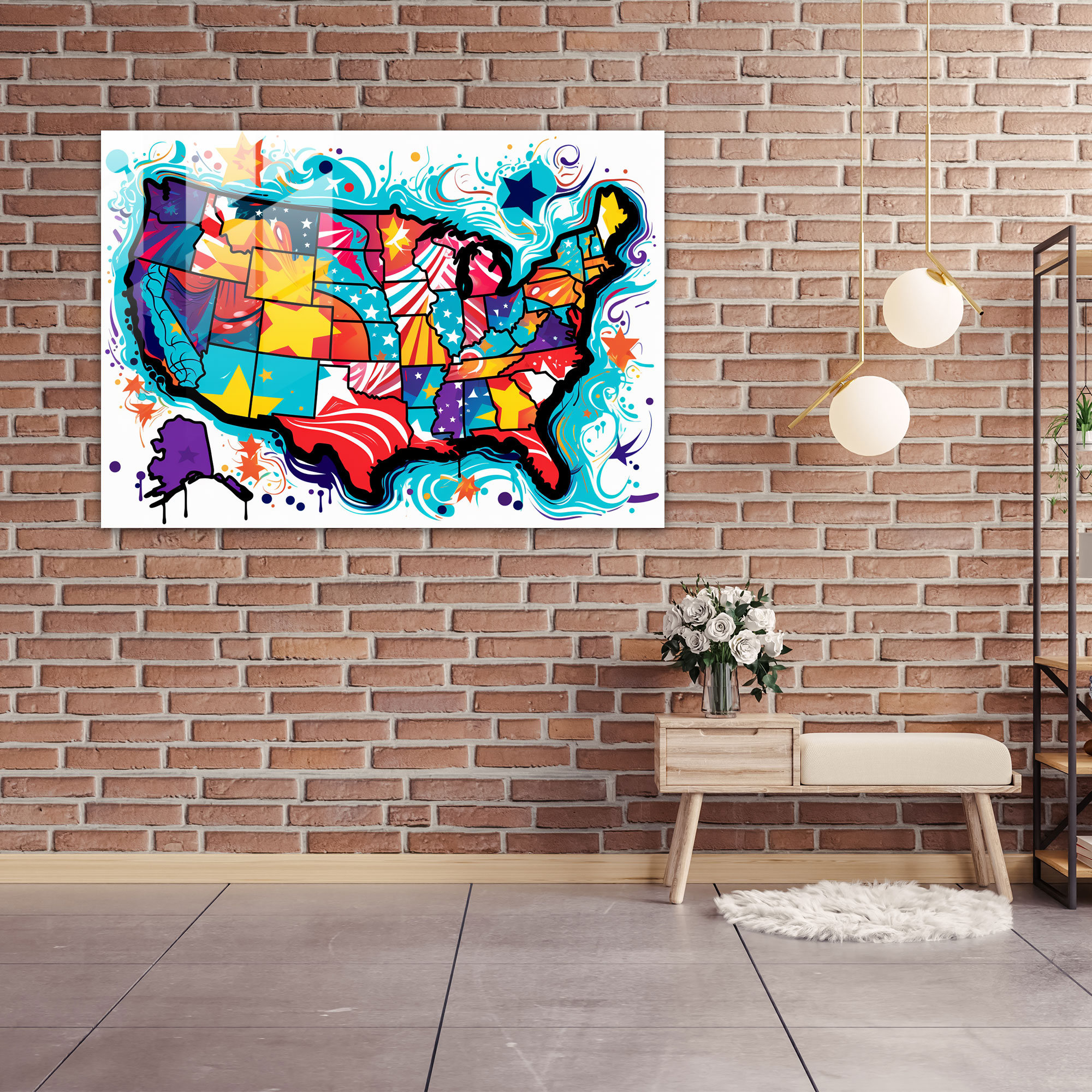 Pop Art United States Of America Map Glass Print - United States Of America Map, Glass Print, Glass Wall Art, Comic Book-Style