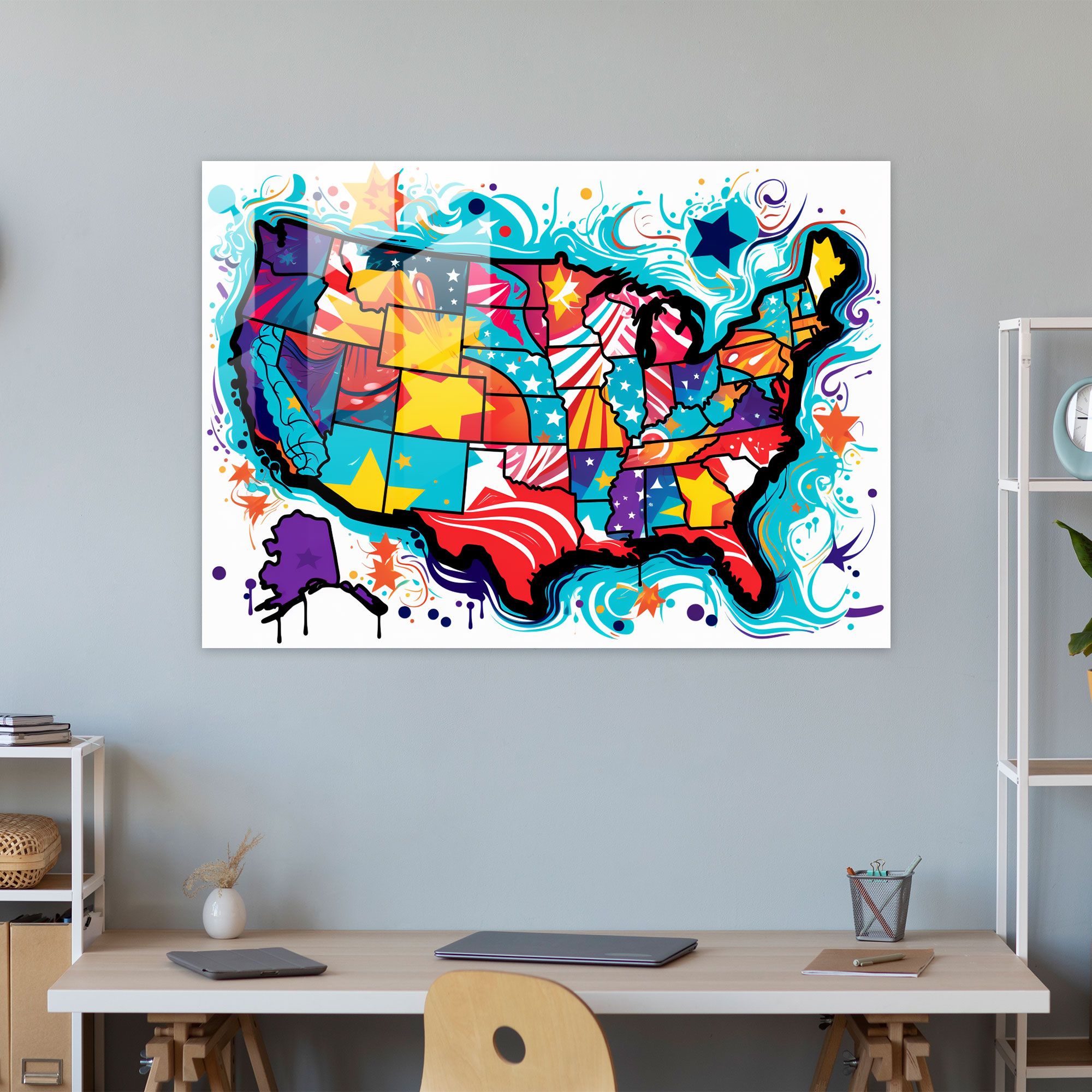 Pop Art United States Of America Map Glass Print - United States Of America Map, Glass Print, Glass Wall Art, Comic Book-Style
