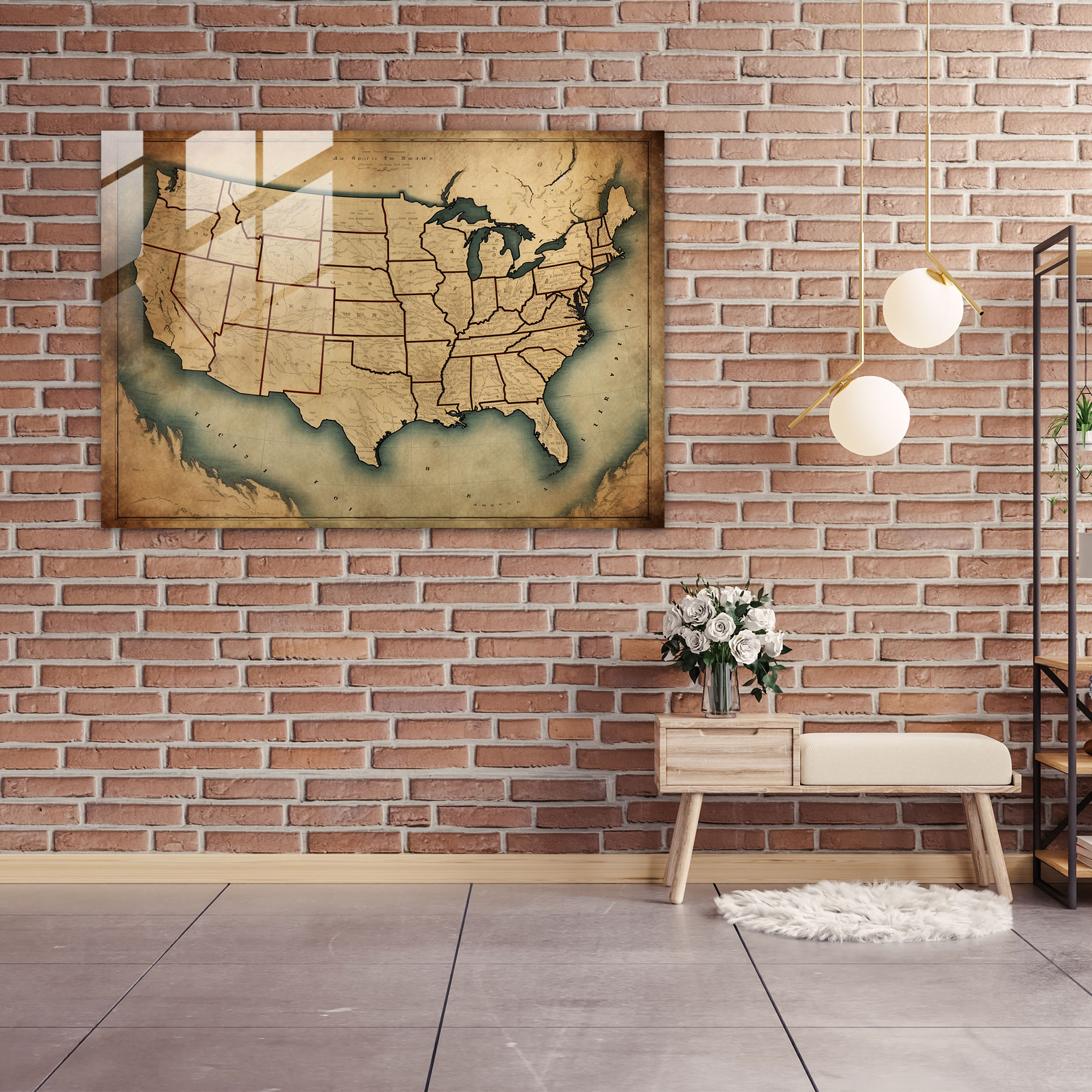 Vintage United States Of America Map Glass Print - United States Of America Map, Glass Wall Art, Glass Art, Wall Decoration