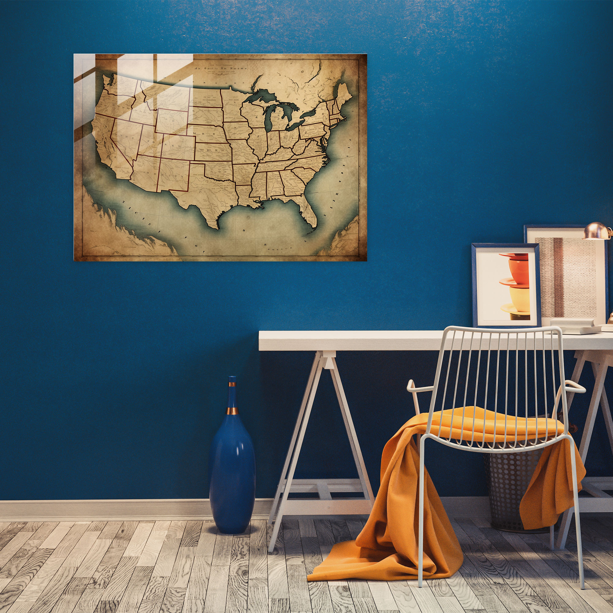 Vintage United States Of America Map Glass Print - United States Of America Map, Glass Wall Art, Glass Art, Wall Decoration