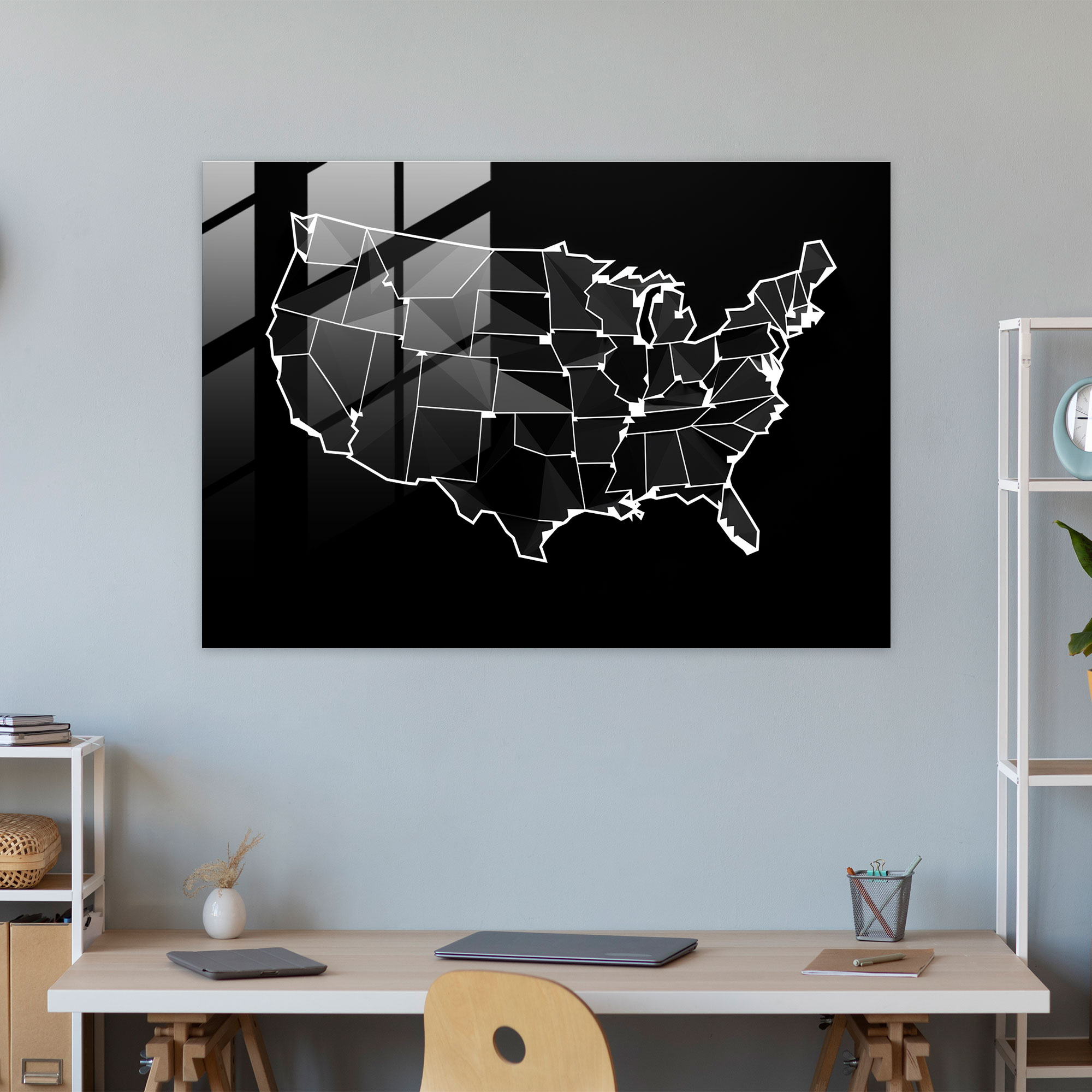 United States Of America Map Glass Wall Art - United States Of America Map, Glass Art, Black And White Illustration, Modern Art