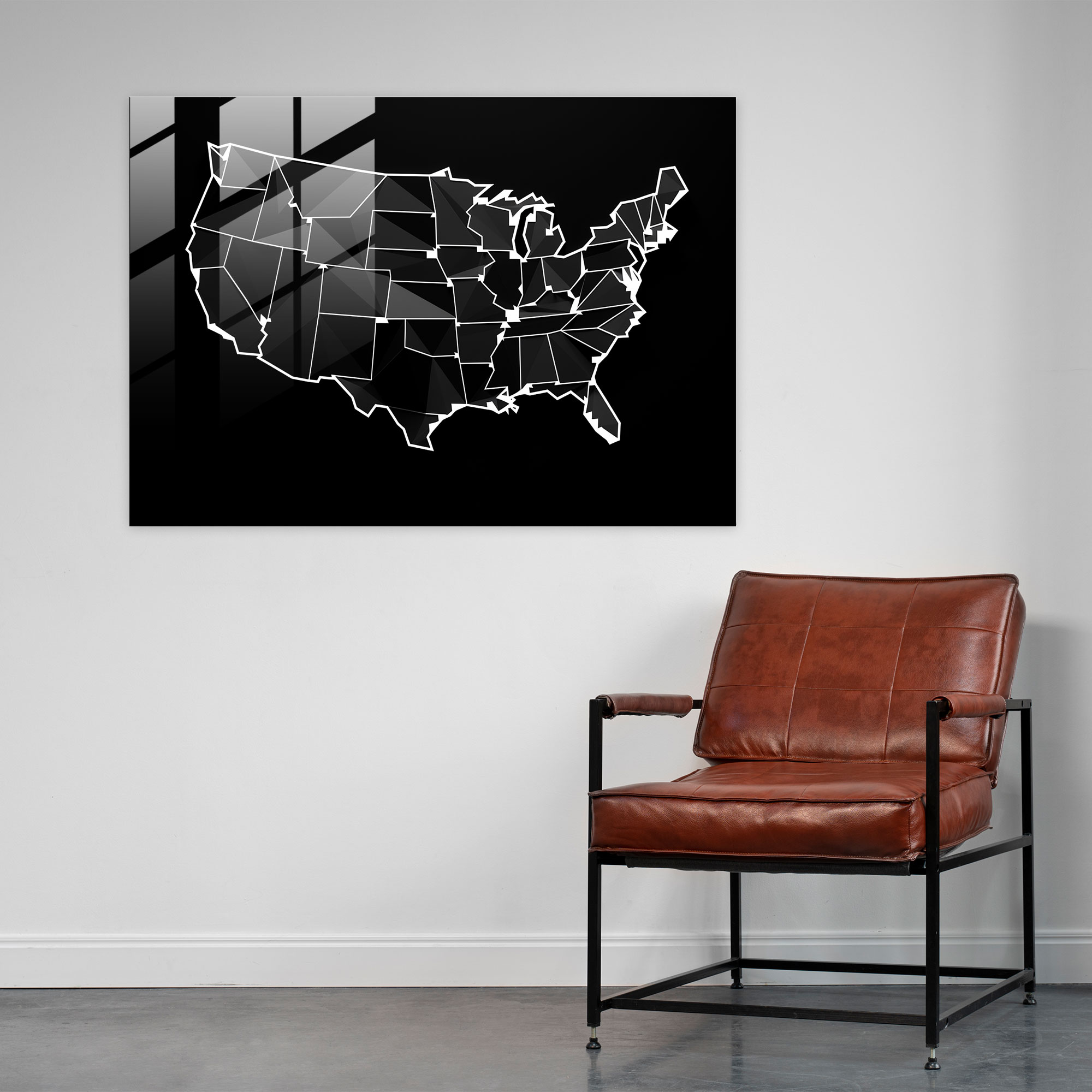 United States Of America Map Glass Wall Art - United States Of America Map, Glass Art, Black And White Illustration, Modern Art