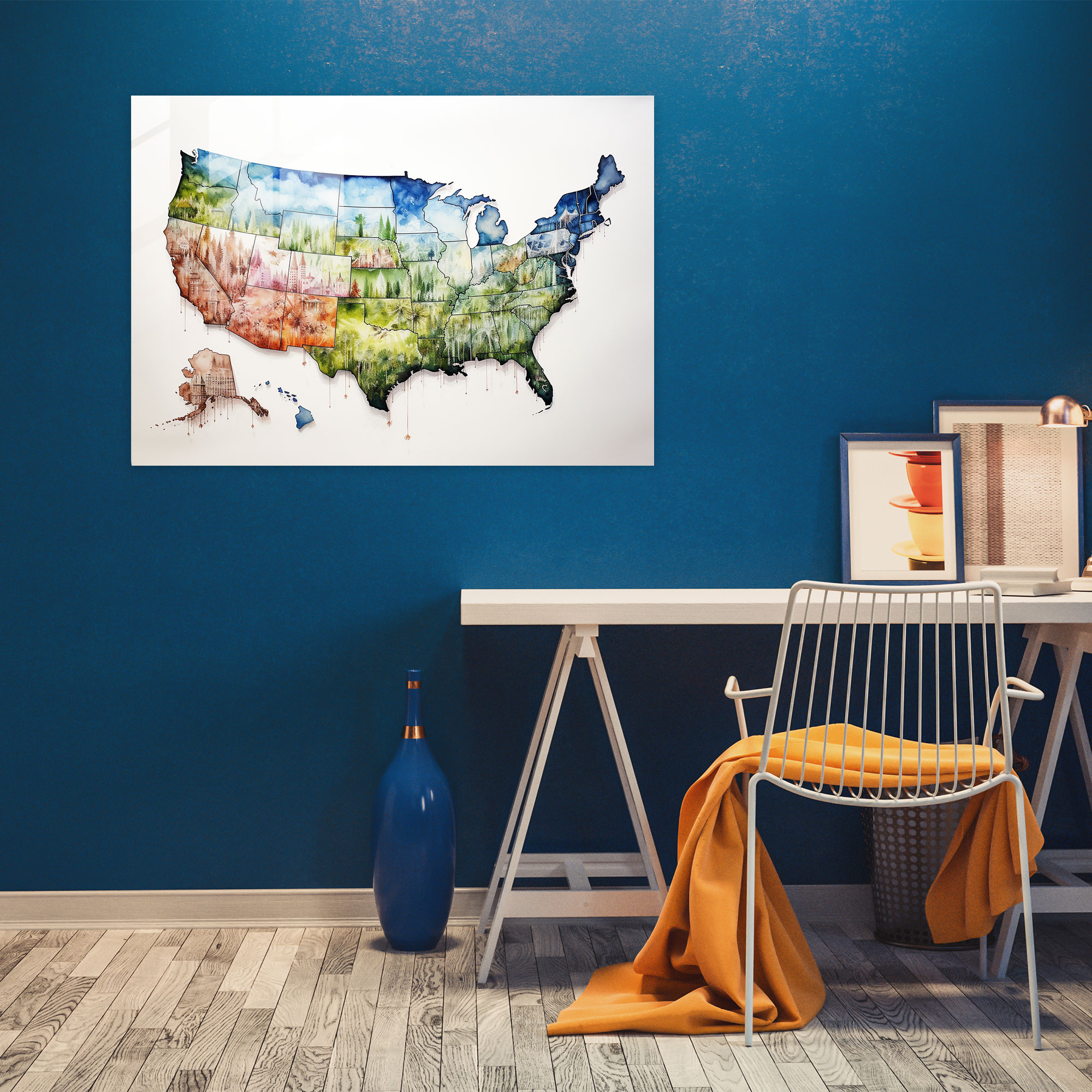 Watercolor United States Of America Map Glass Print - United States Of America Map, United States Of America Map, Home Decoration, Watercolor Painting