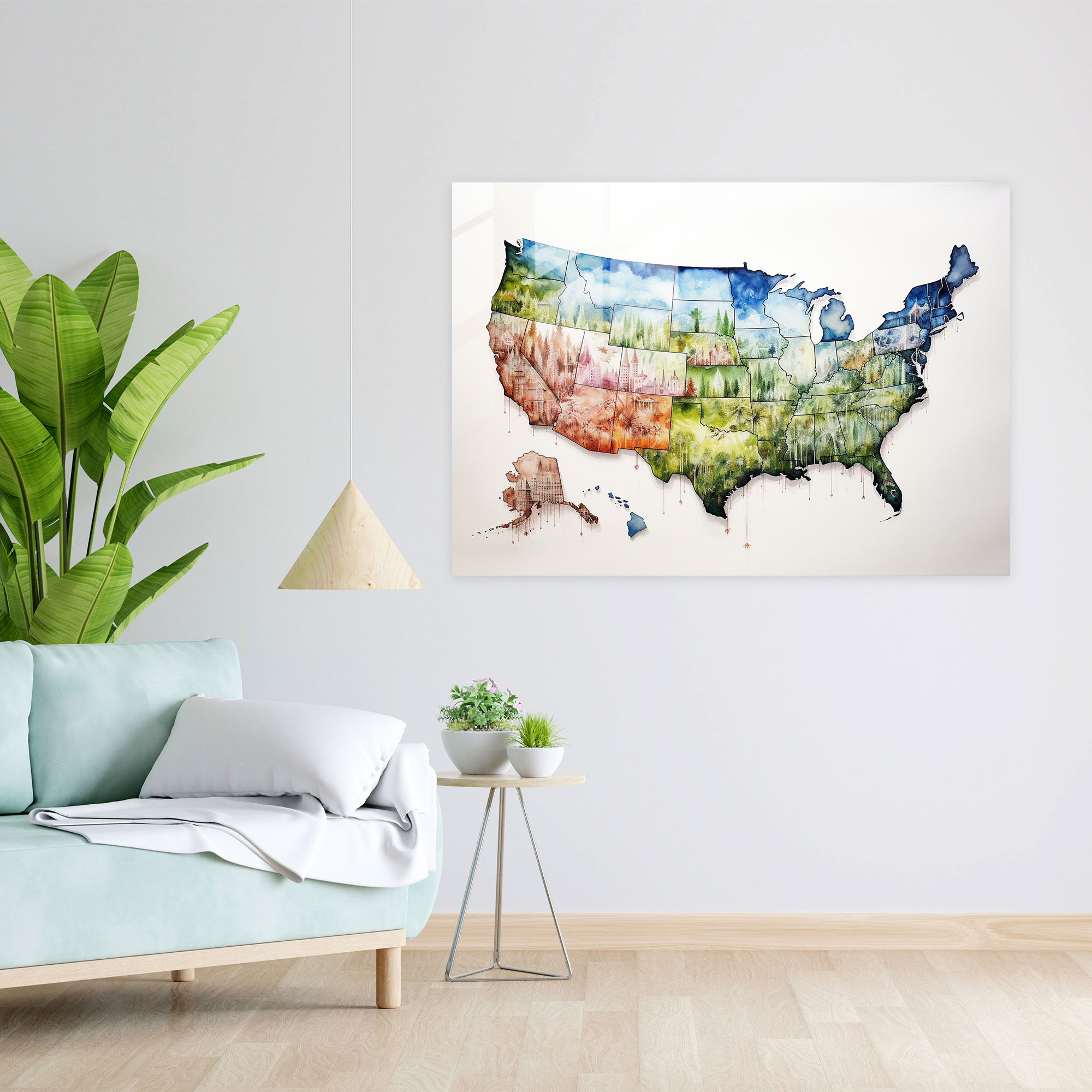 Watercolor United States Of America Map Glass Print - United States Of America Map, United States Of America Map, Home Decoration, Watercolor Painting