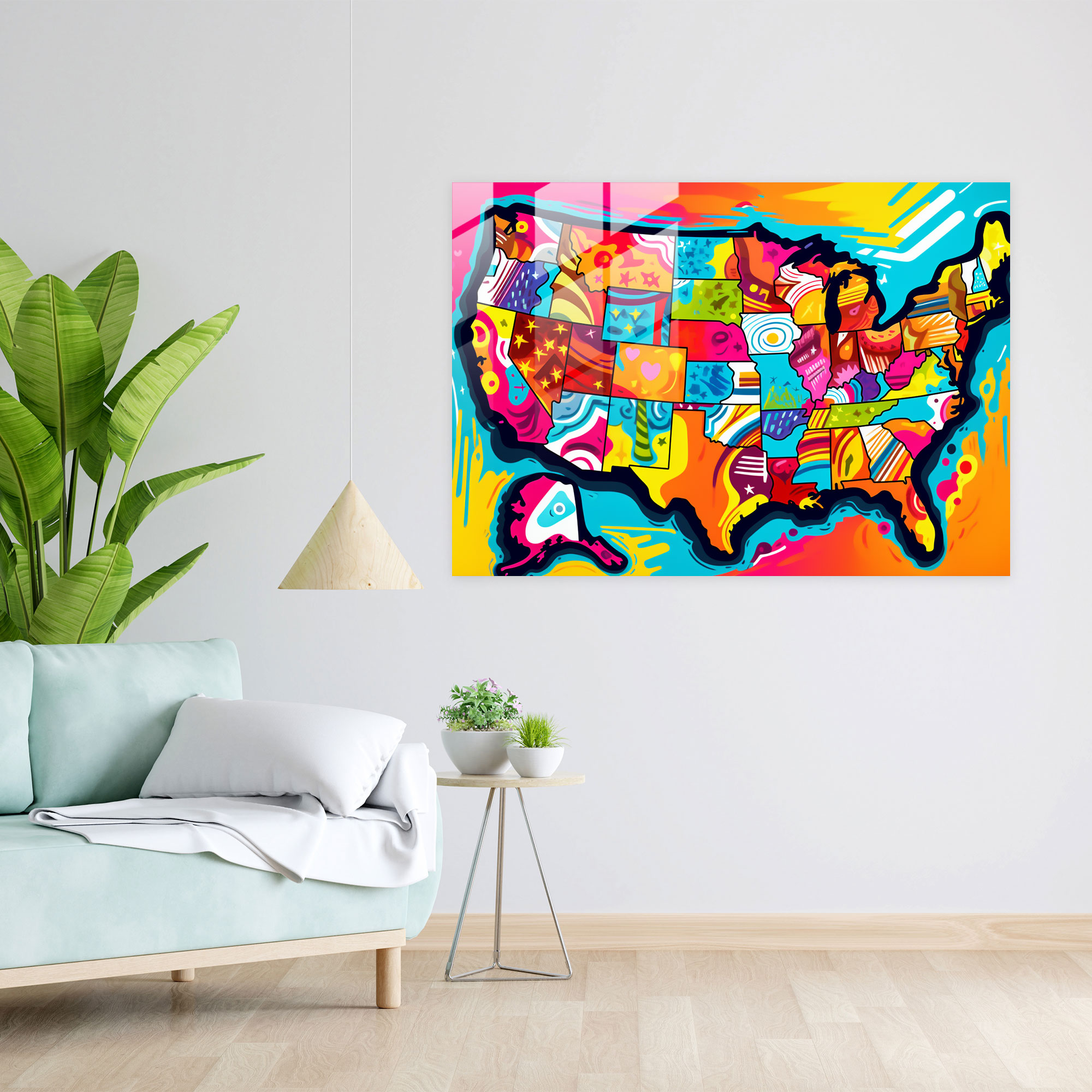 Pop Art United States Of America Map Glass Print - United States Of America Map, Modern Art, Vibrant, United States Of America Map