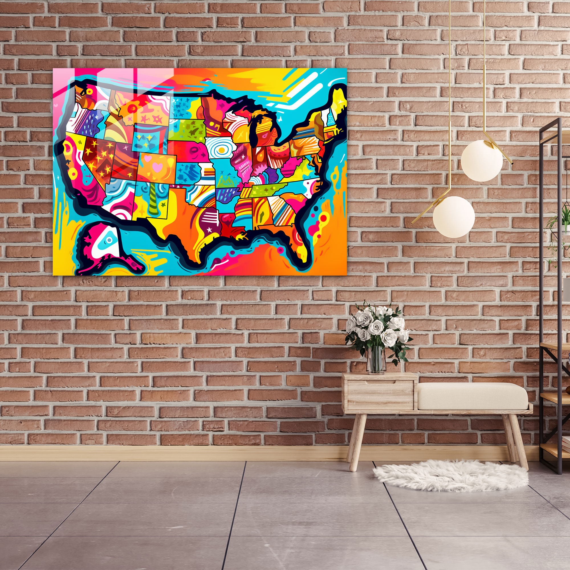 Pop Art United States Of America Map Glass Print - United States Of America Map, Modern Art, Vibrant, United States Of America Map