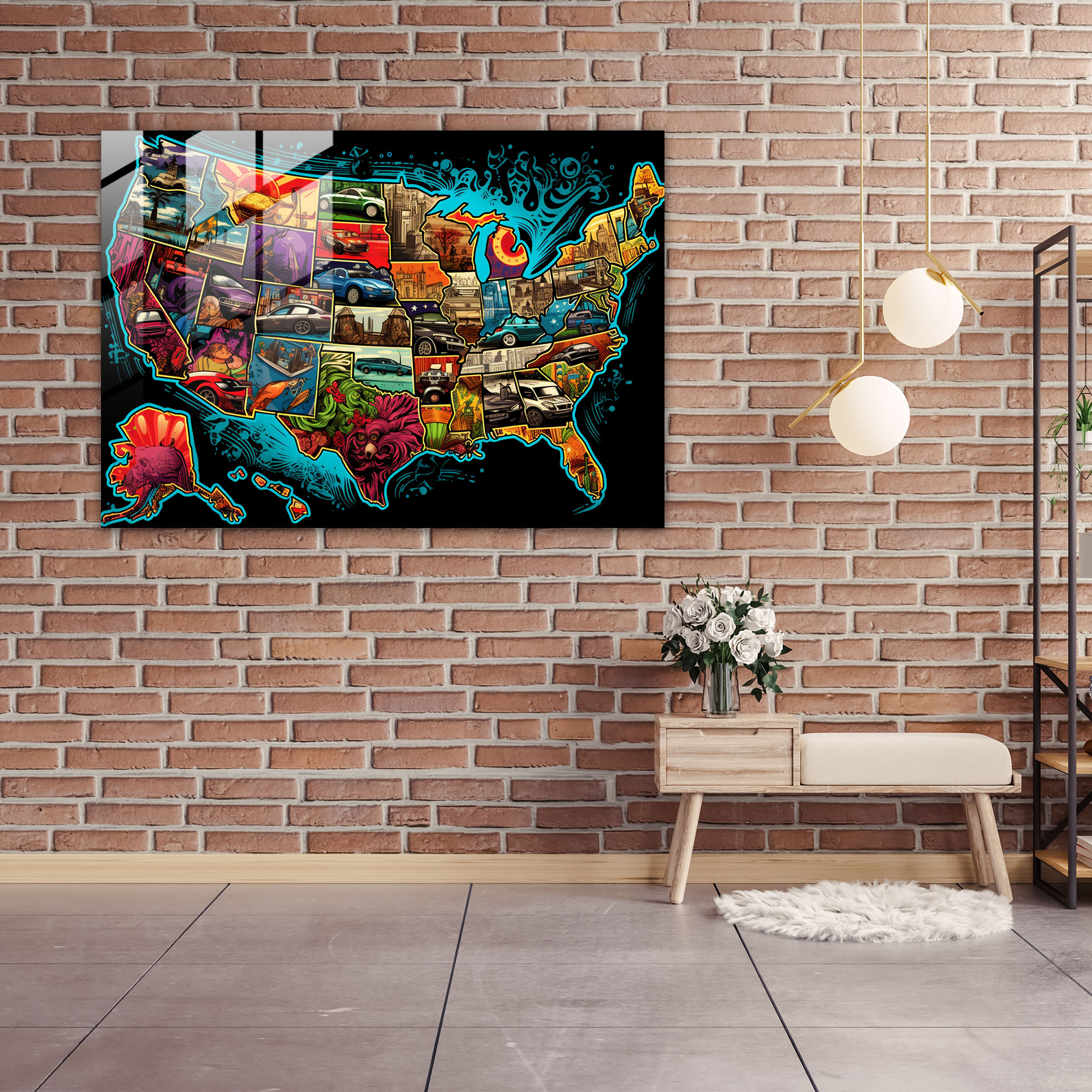 Usa Map Modern Art Glass Print - United States Of America Map, Home Decoration, Wall Decoration, Glass Wall Art