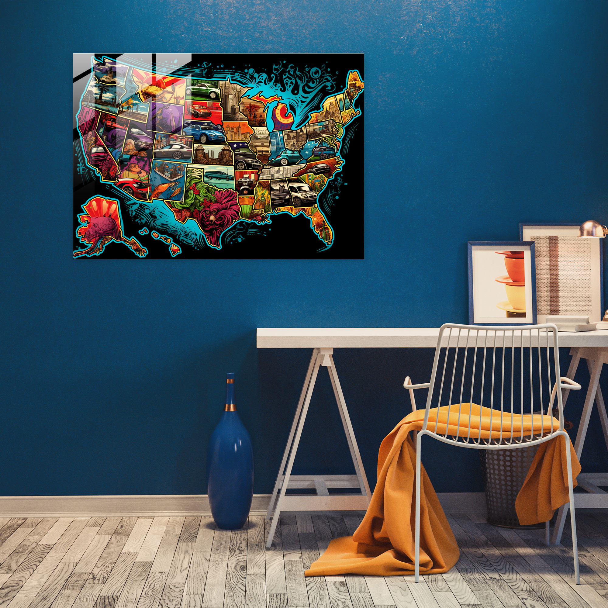 Usa Map Modern Art Glass Print - United States Of America Map, Home Decoration, Wall Decoration, Glass Wall Art
