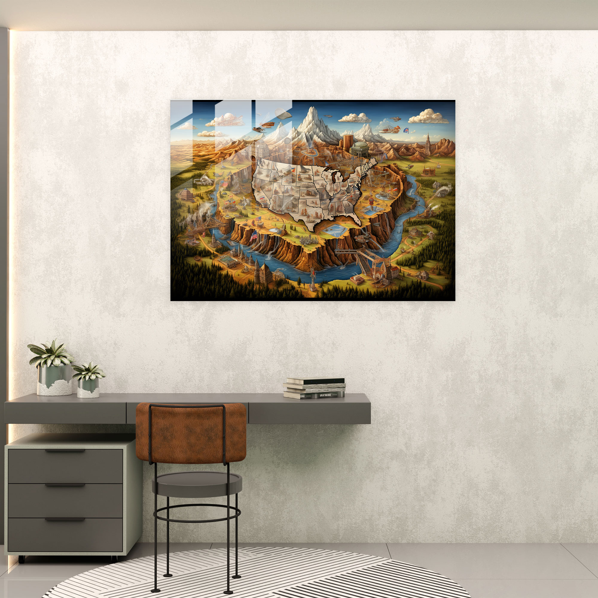 United States Of America Map Glass Wall Art - United States Of America Map, Landmarks, United States Of America Map, Glass Art