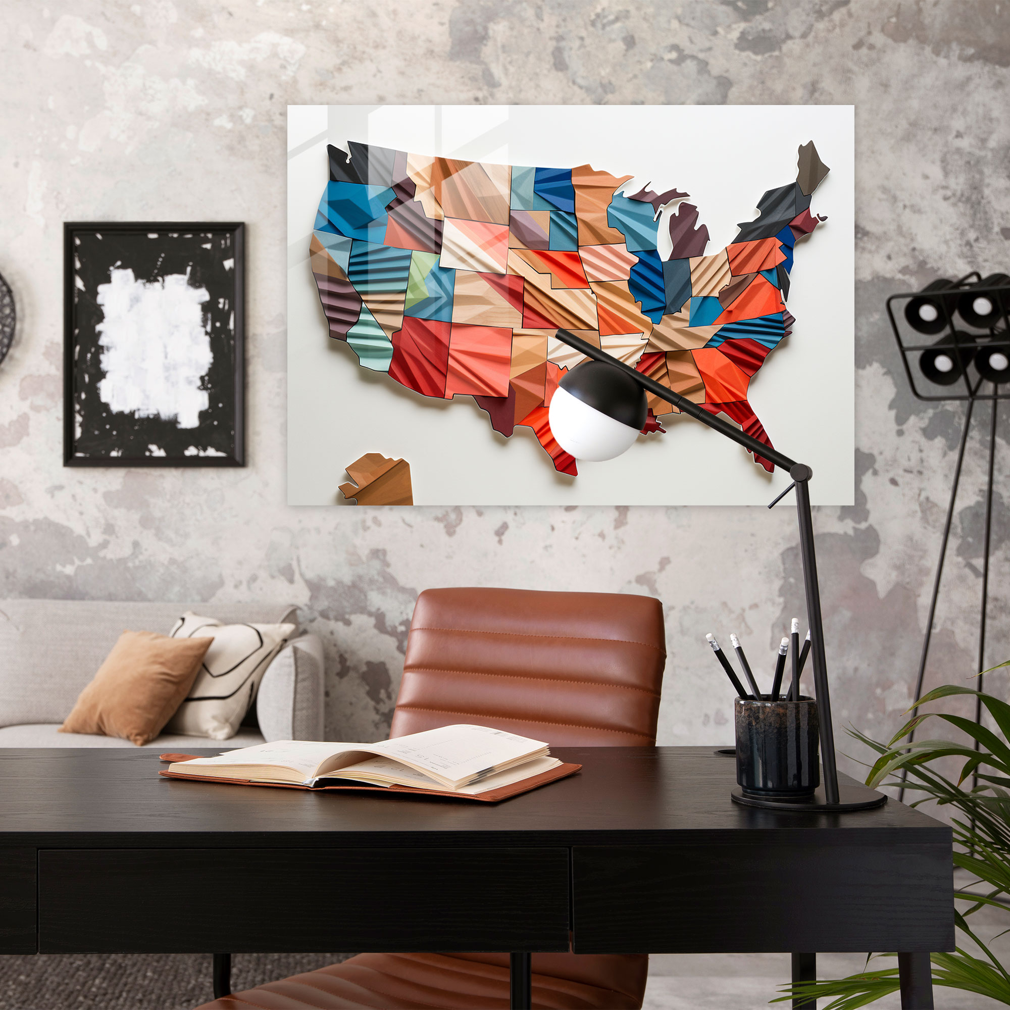Amerika Birleşik Devletleri Modern Sanat Cam Tablo - Amerika Birleşik Devletleri Haritası Geometrik Mozaik Duvar Dekorasyonu