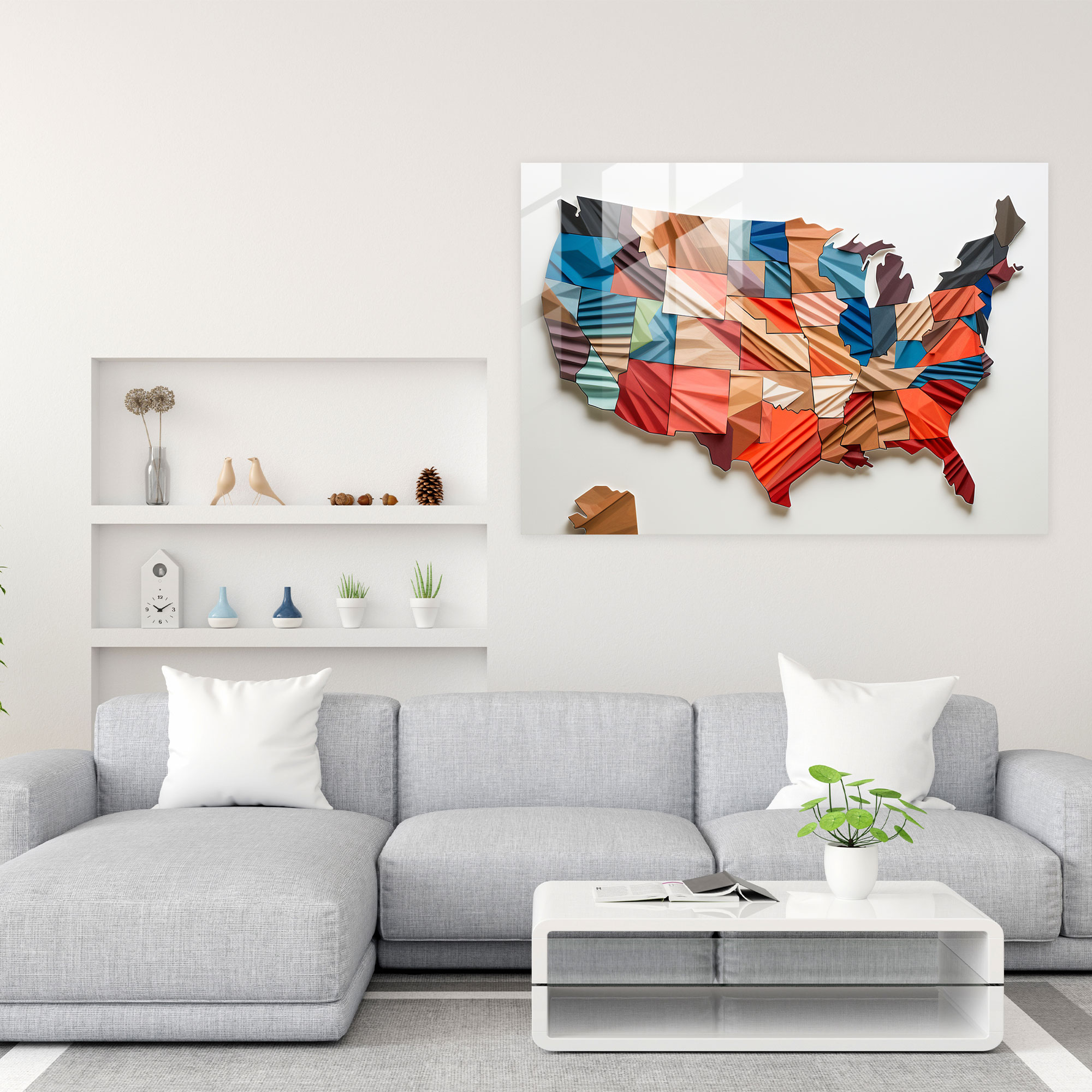 Amerika Birleşik Devletleri Modern Sanat Cam Tablo - Amerika Birleşik Devletleri Haritası Geometrik Mozaik Duvar Dekorasyonu