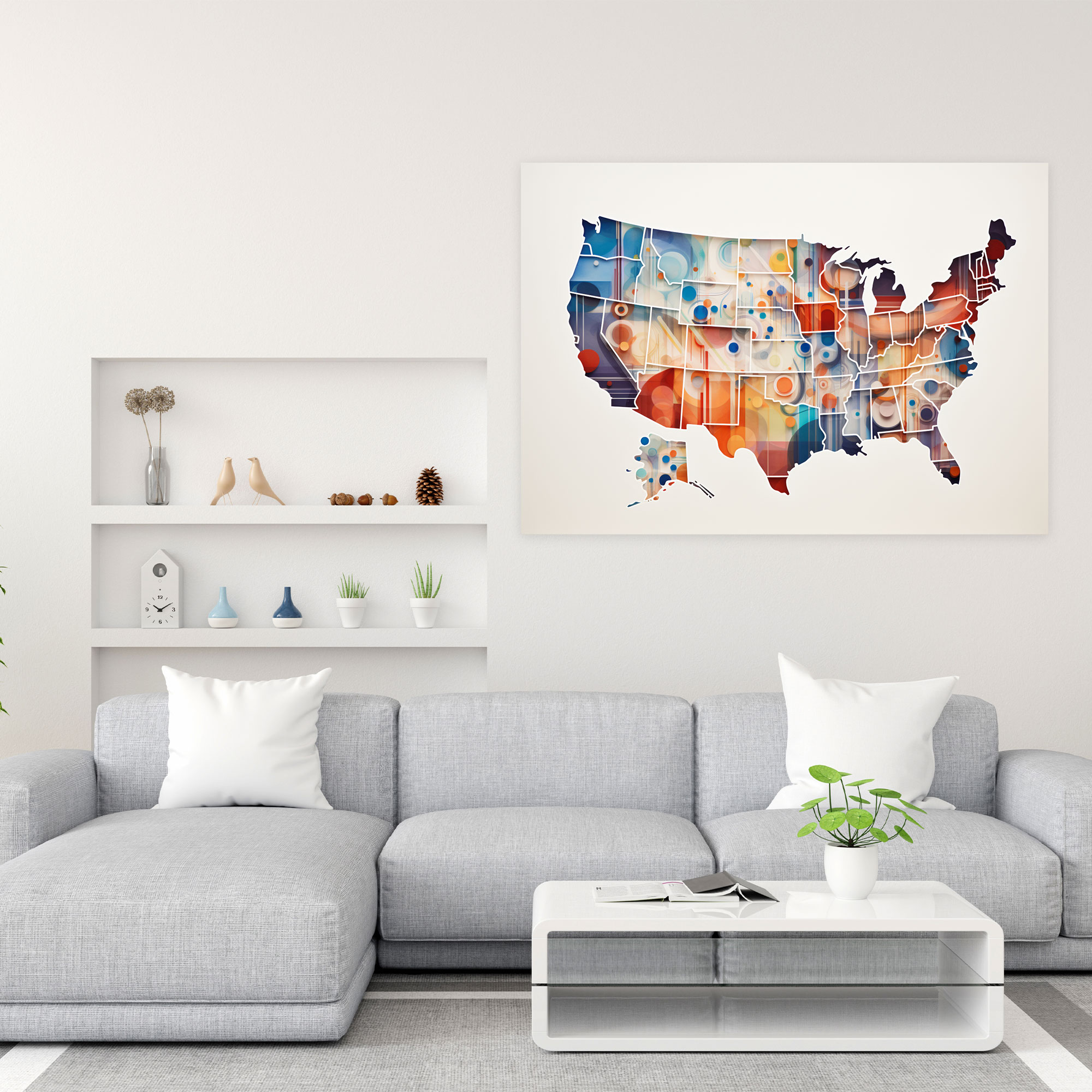 Amerika Birleşik Devletleri Haritası Duvar Sanatı - Modern Soyut Sanat Kanvas Tablo Geometrik Şekiller