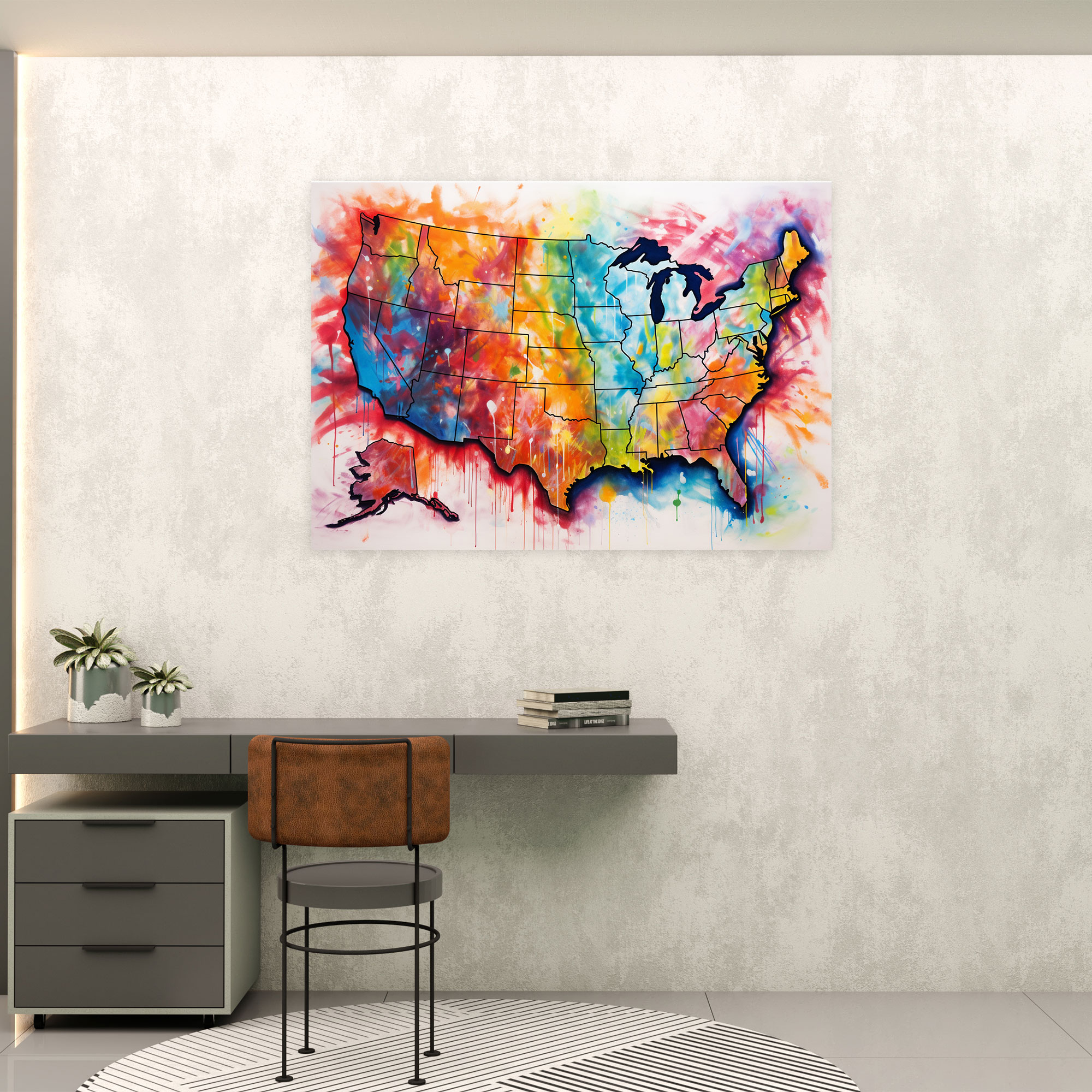 Impressionist United States Of America Map Wall Art - United States Of America Map, Wall Art, Impressionist Painting, Canvas