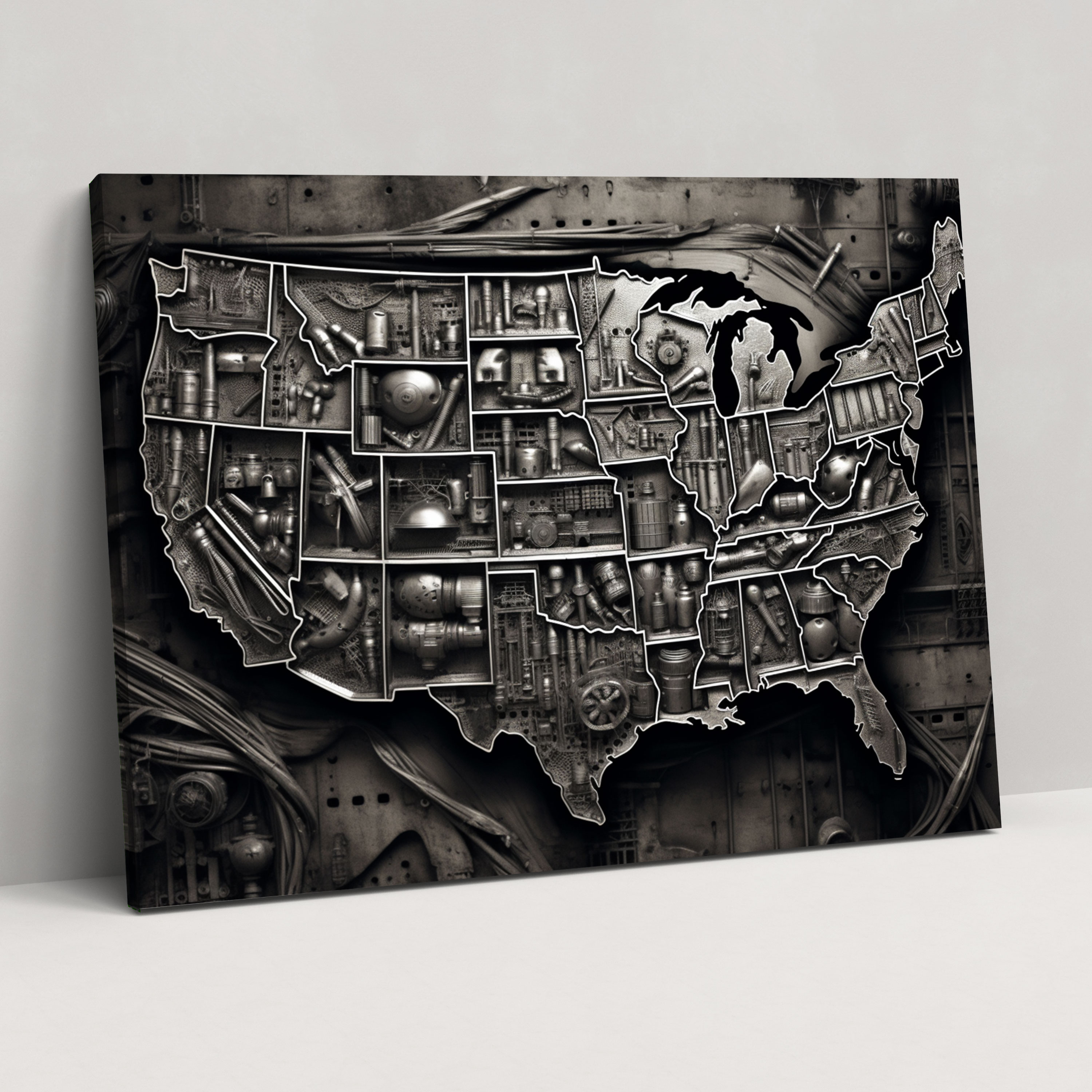 United States Of America Map Canvas Print - United States Of America Map, Wall Decoration, Home Decoration, Black And White Photograph