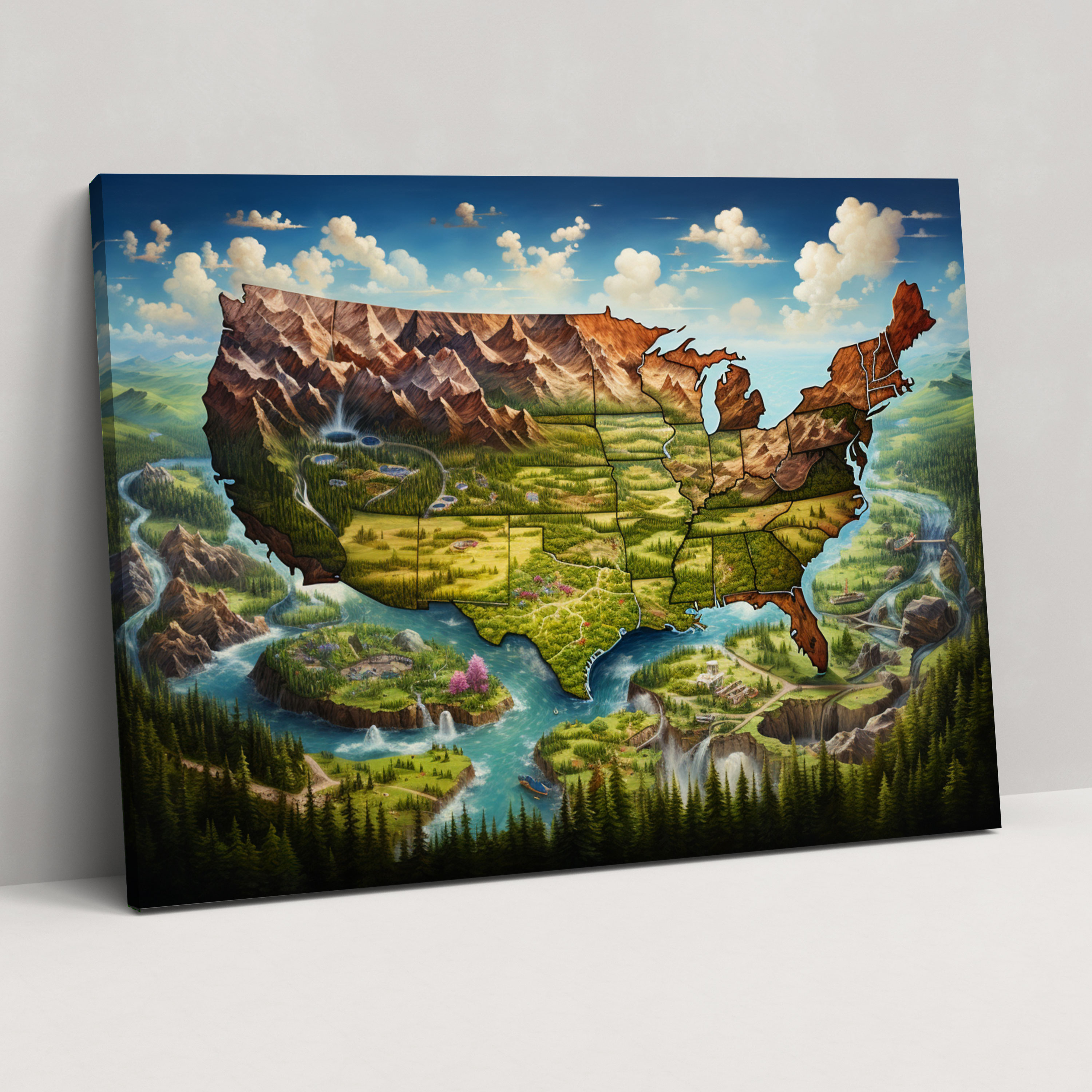 Nature-Inspired United States Of America Map Wall Art - United States Of America Map, Wall Art, Canvas, Scenic Depiction
