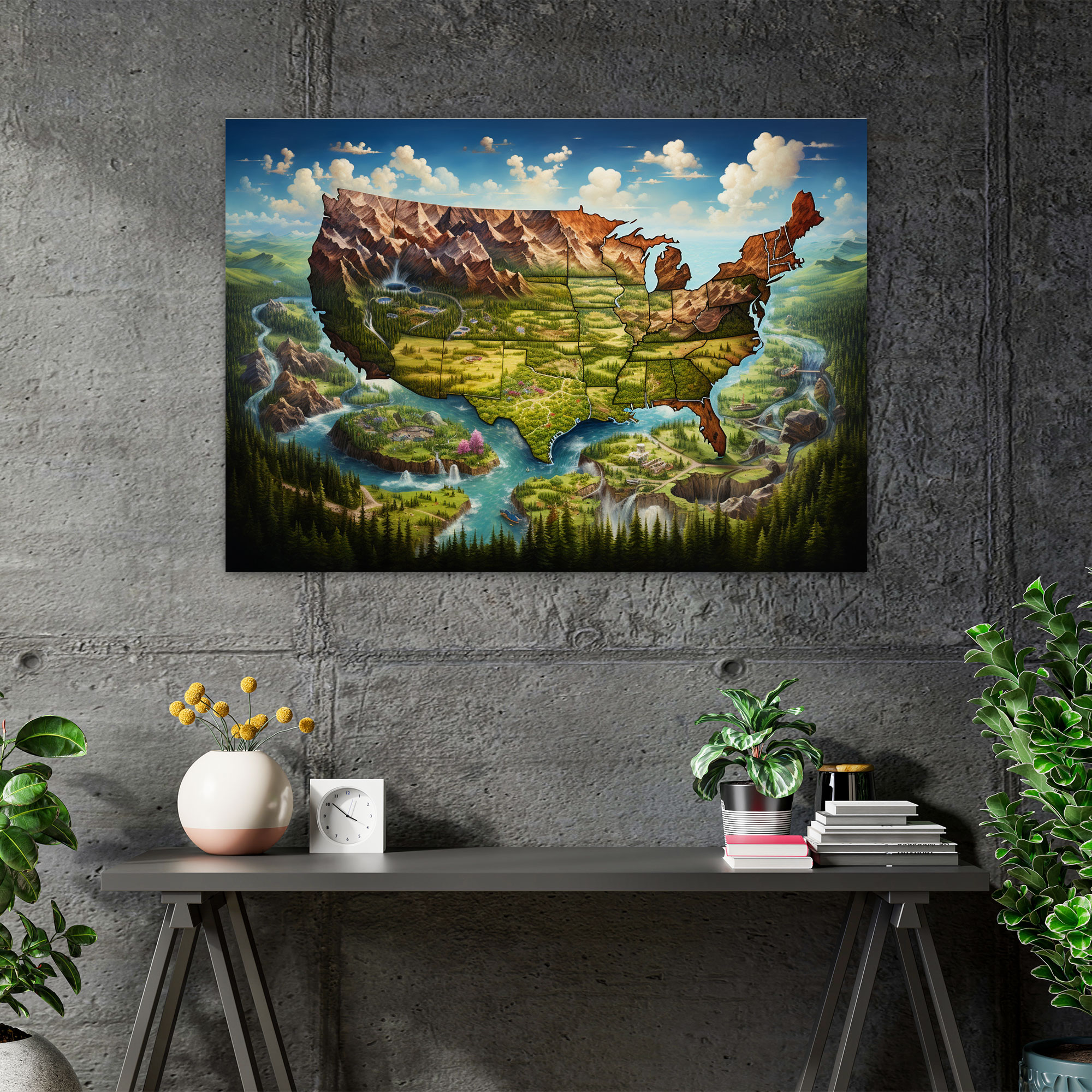 Nature-Inspired United States Of America Map Wall Art - United States Of America Map, Wall Art, Canvas, Scenic Depiction