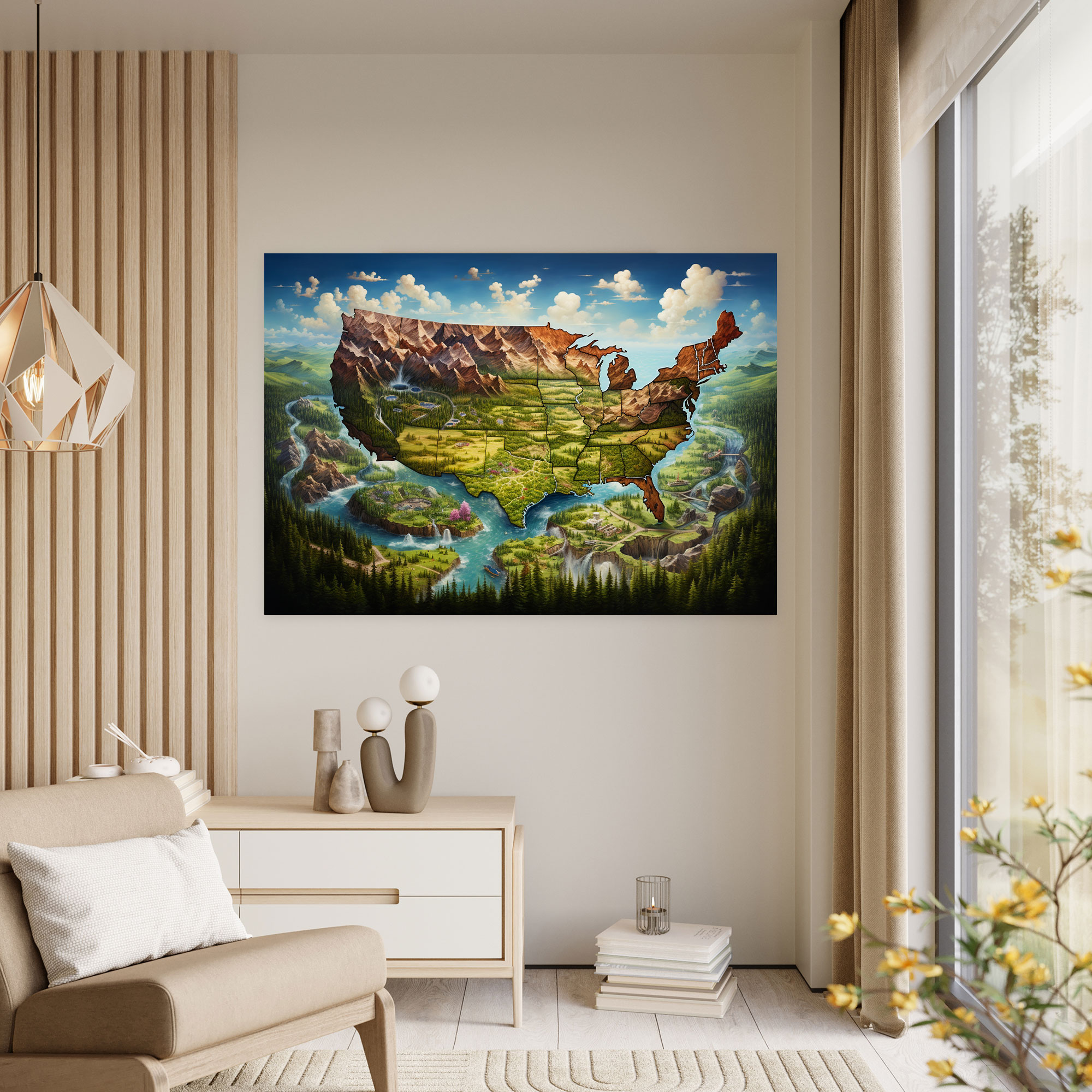 Nature-Inspired United States Of America Map Wall Art - United States Of America Map, Wall Art, Canvas, Scenic Depiction