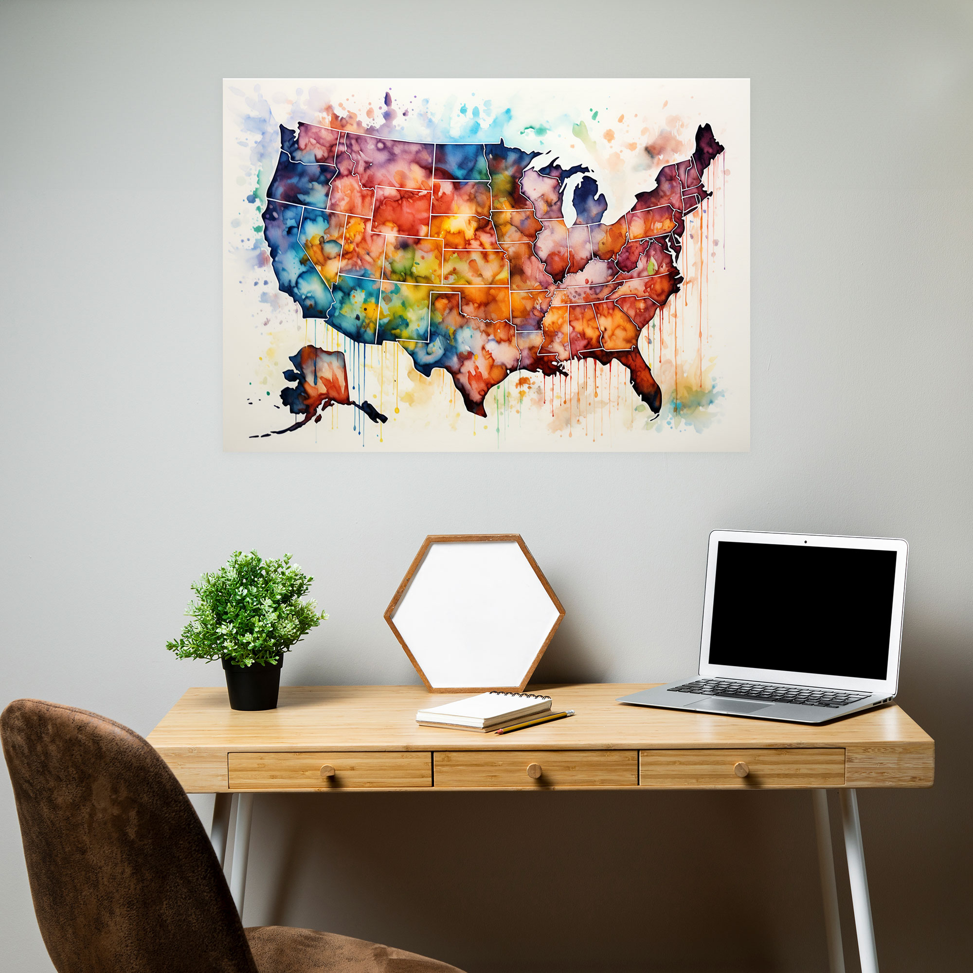United States Of America Map Canvas Print - United States Of America Map, Fluid Brushstrokes, Watercolor Painting, Home Decoration