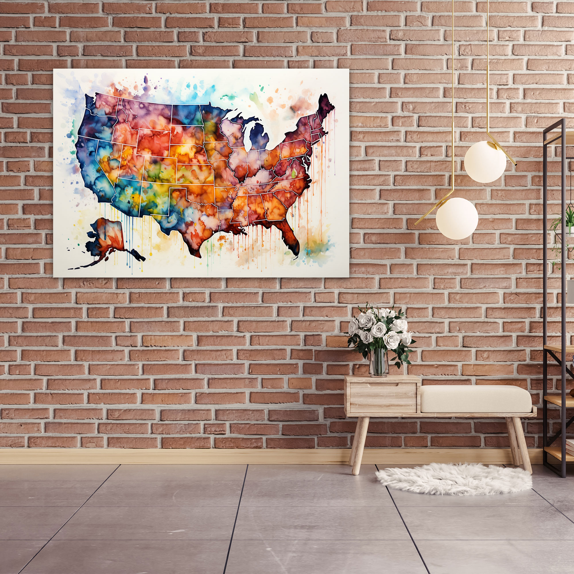 United States Of America Map Canvas Print - United States Of America Map, Fluid Brushstrokes, Watercolor Painting, Home Decoration