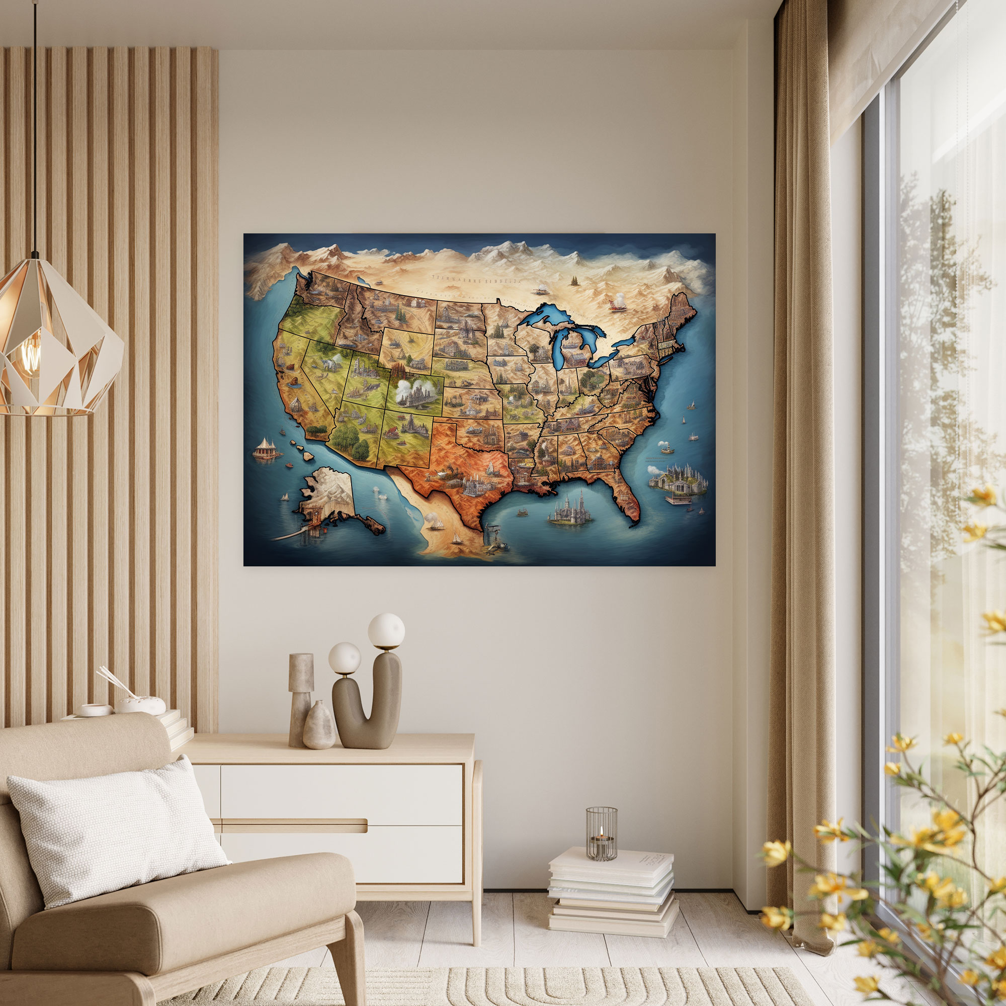 United States Of America Map Wall Decoration - United States Of America Map, Canvas, Realistic Illustration, Intricately Detailed