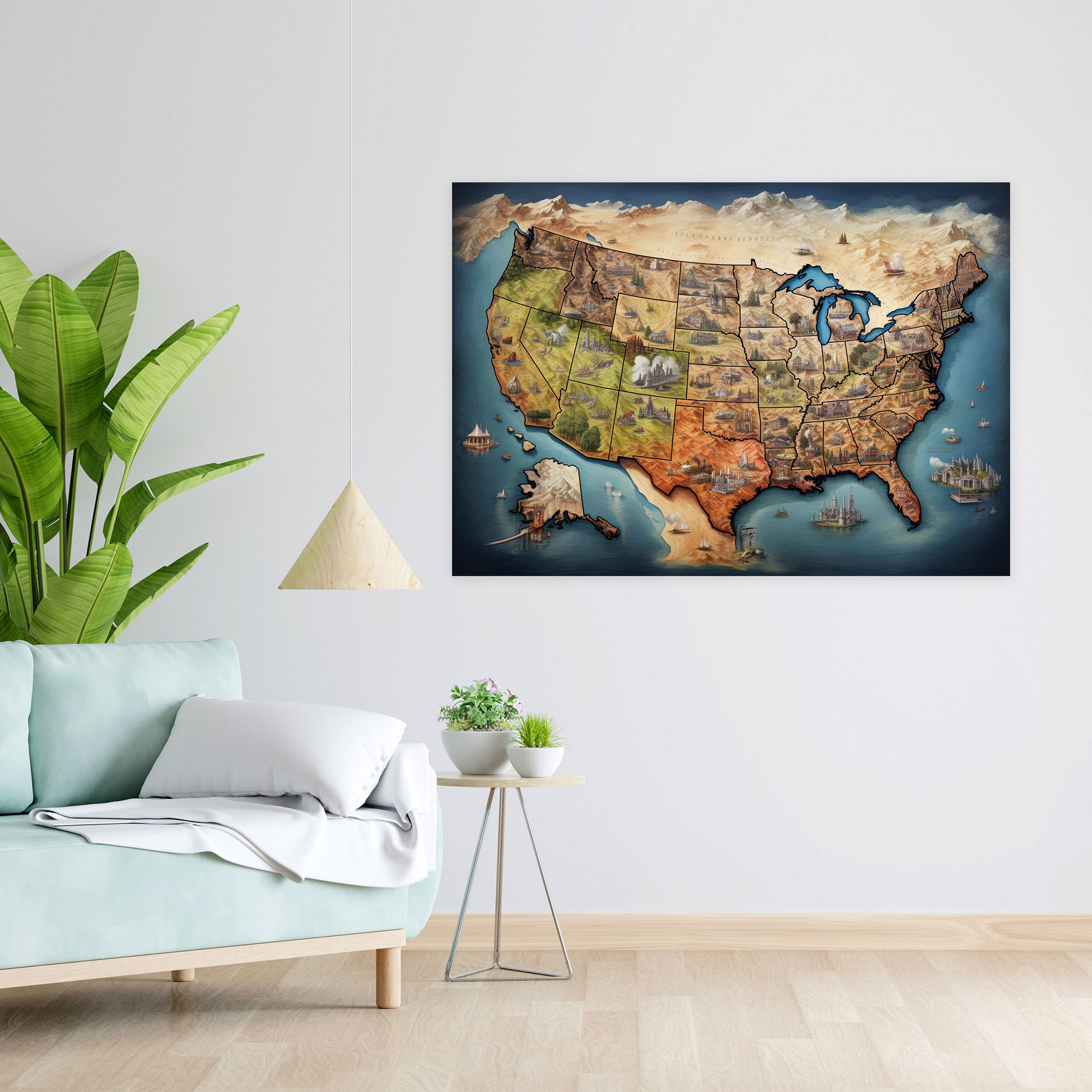 United States Of America Map Wall Decoration - United States Of America Map, Canvas, Realistic Illustration, Intricately Detailed