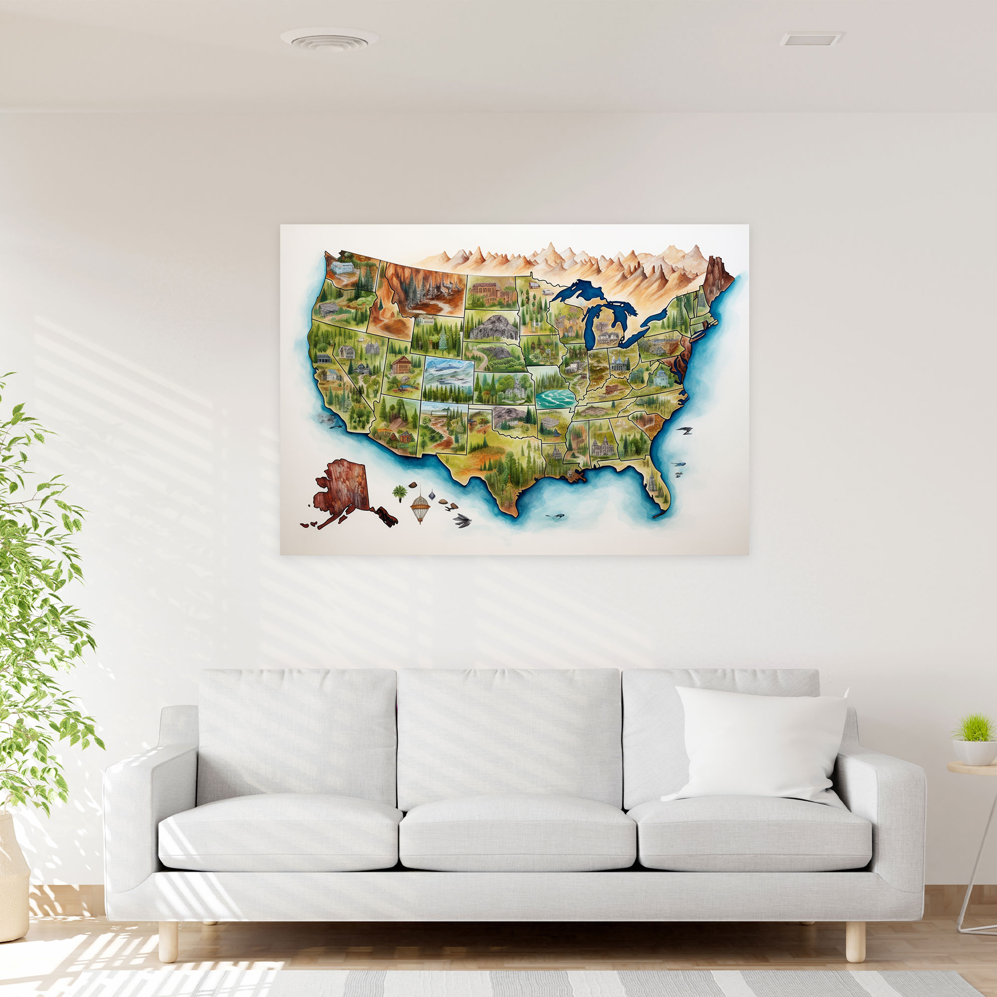 United States Of America Map Canvas Print - United States Of America Map, Canvas, Canvas Print, Watercolor Painting