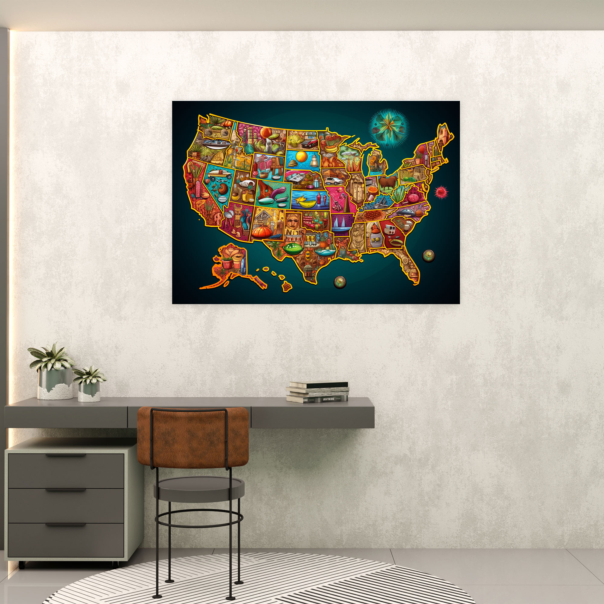 Colorful United States Of America Map Wall Art - United States Of America Map, Canvas Print, Canvas Wall Art, Cultural Symbols