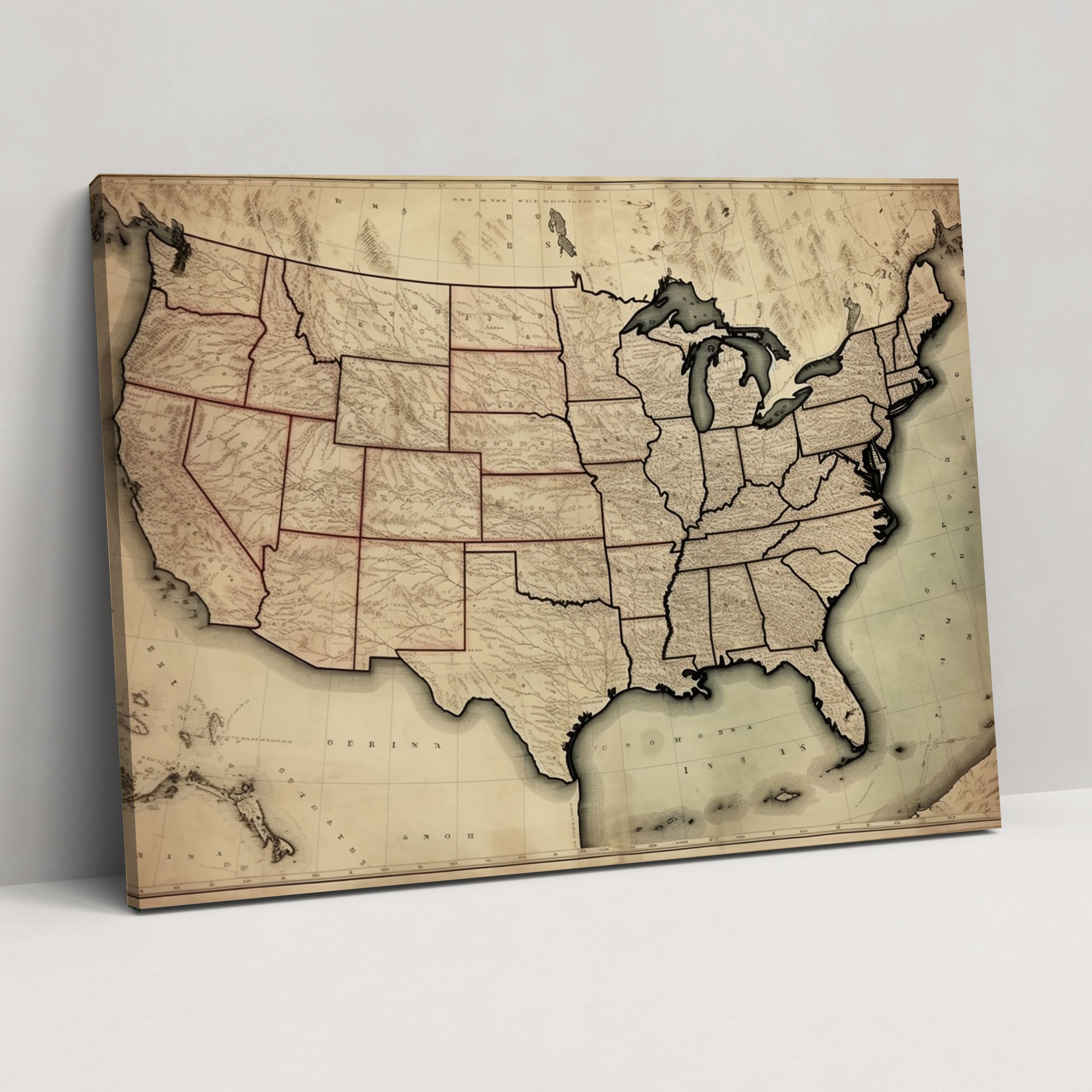 United States Of America Map Wall Art - United States Of America Map, Detailed Engravings, Canvas Wall Art, Wall Decoration