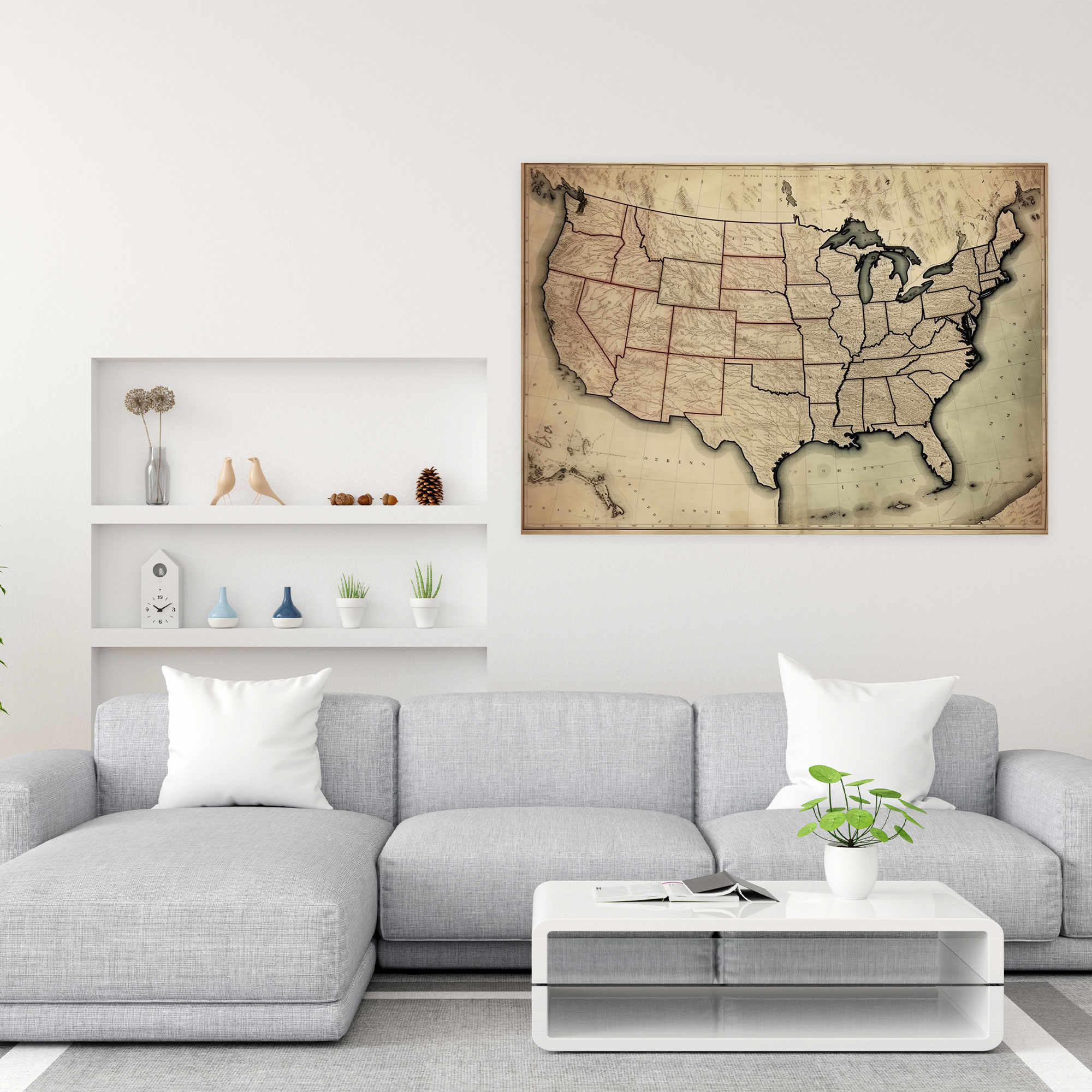 United States Of America Map Wall Art - United States Of America Map, Detailed Engravings, Canvas Wall Art, Wall Decoration