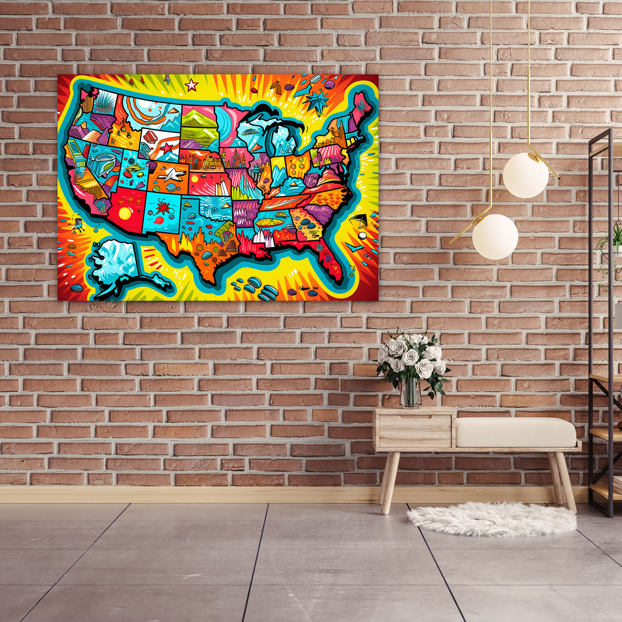 Pop Art United States Of America Map Wall Decoration - United States Of America Map, Wall Art, Canvas, Bold Colors
