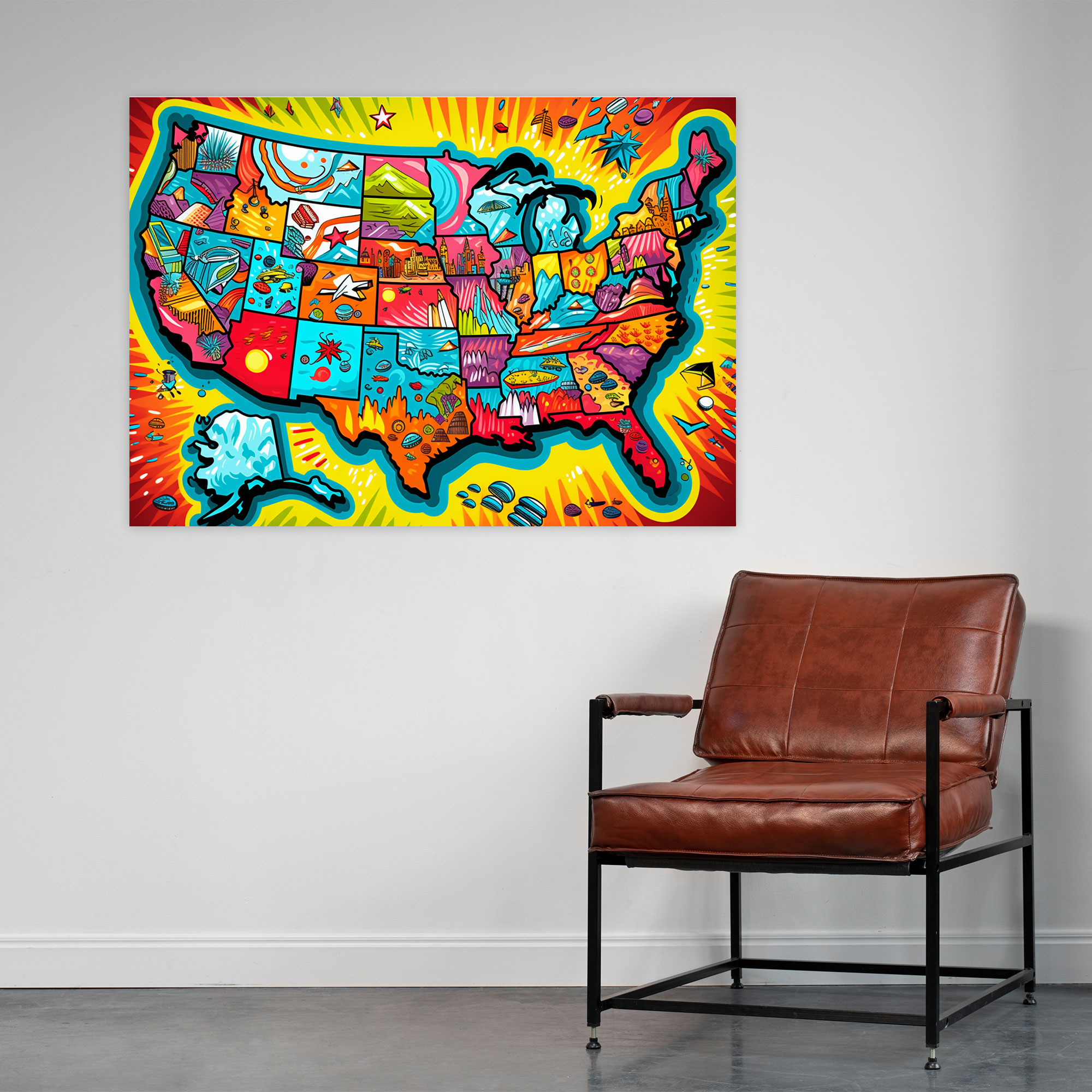 Pop Art United States Of America Map Wall Decoration - United States Of America Map, Wall Art, Canvas, Bold Colors
