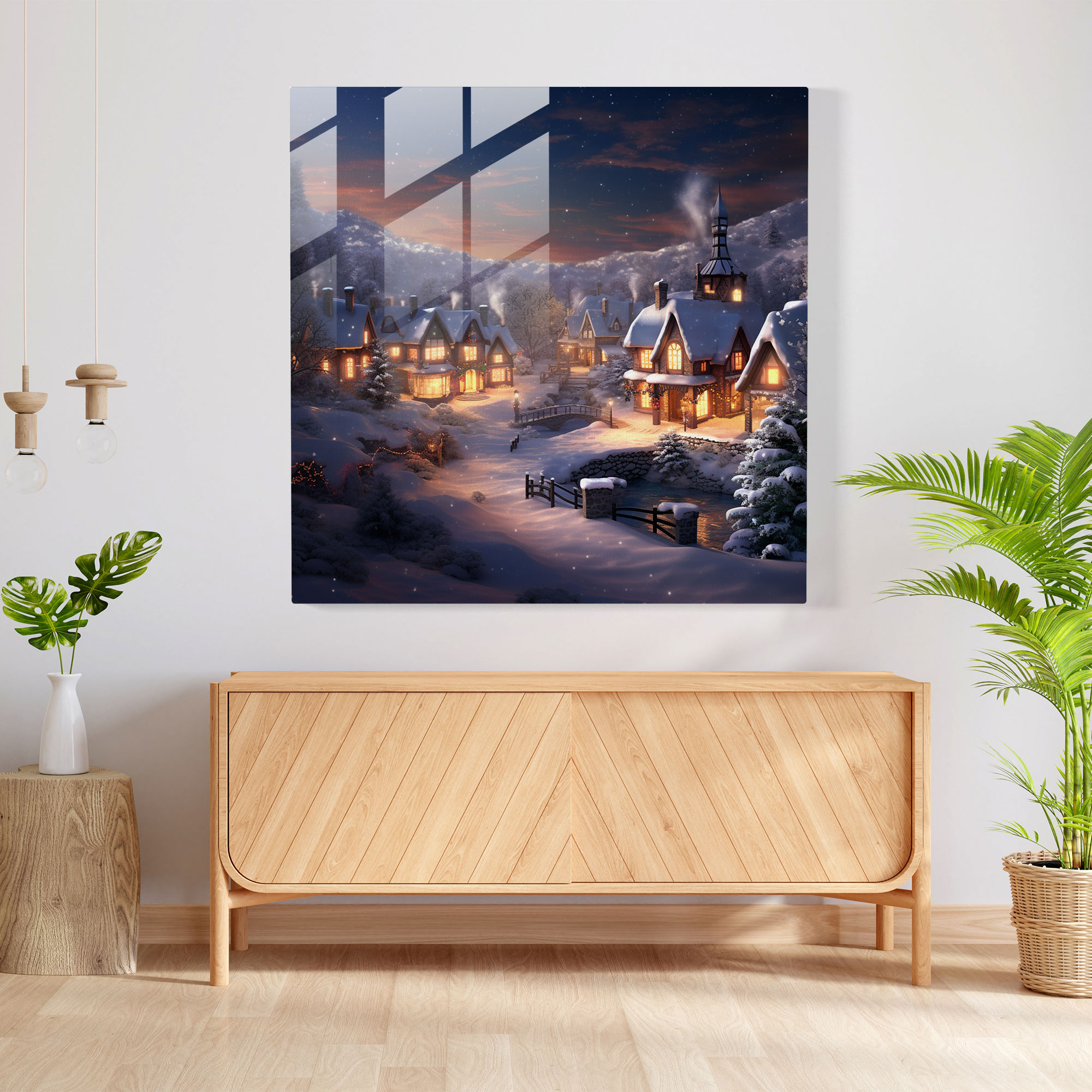 Winter Wonderland Glass Print - Village, Home Decoration, Warm Lights, Modern Art