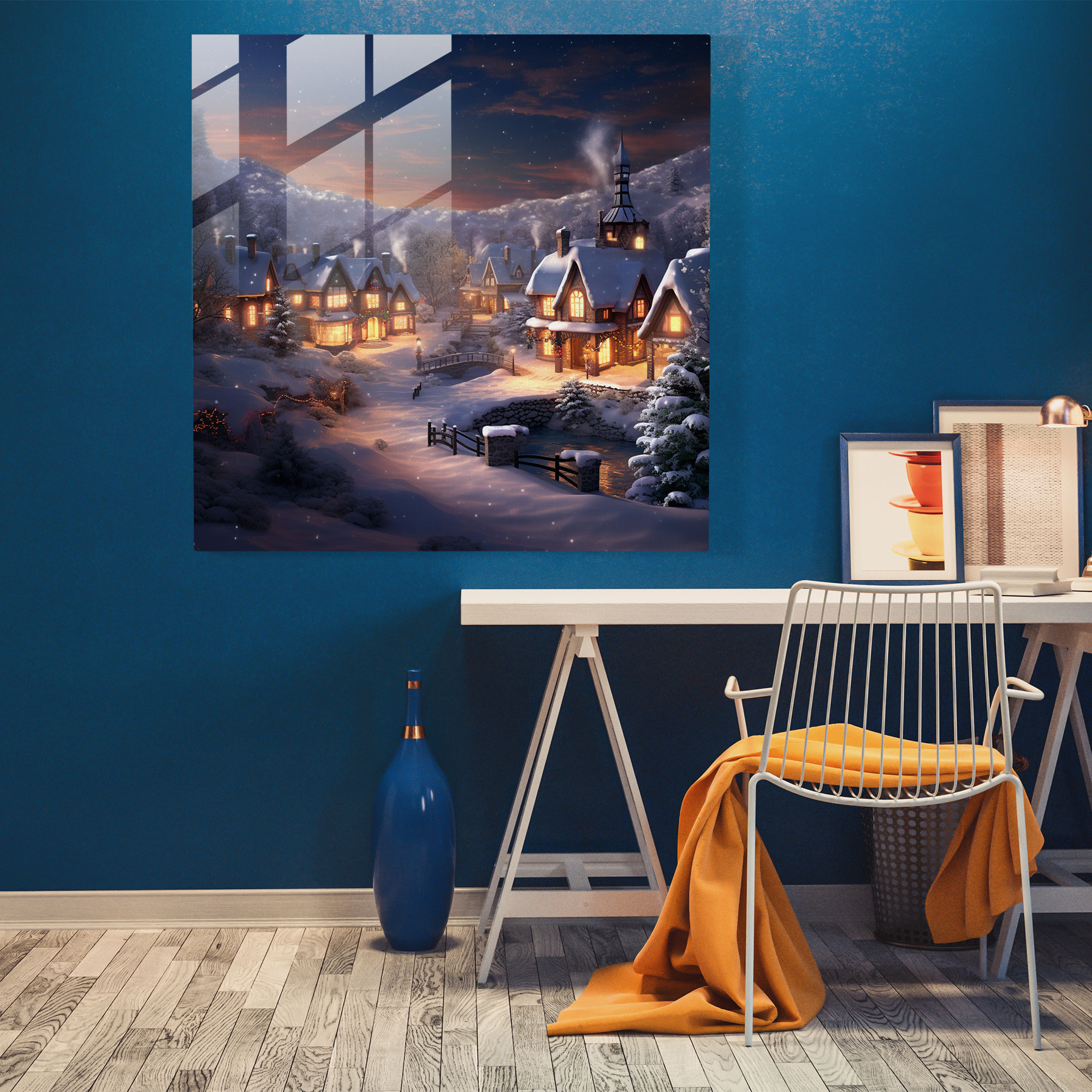 Winter Wonderland Glass Print - Village, Home Decoration, Warm Lights, Modern Art