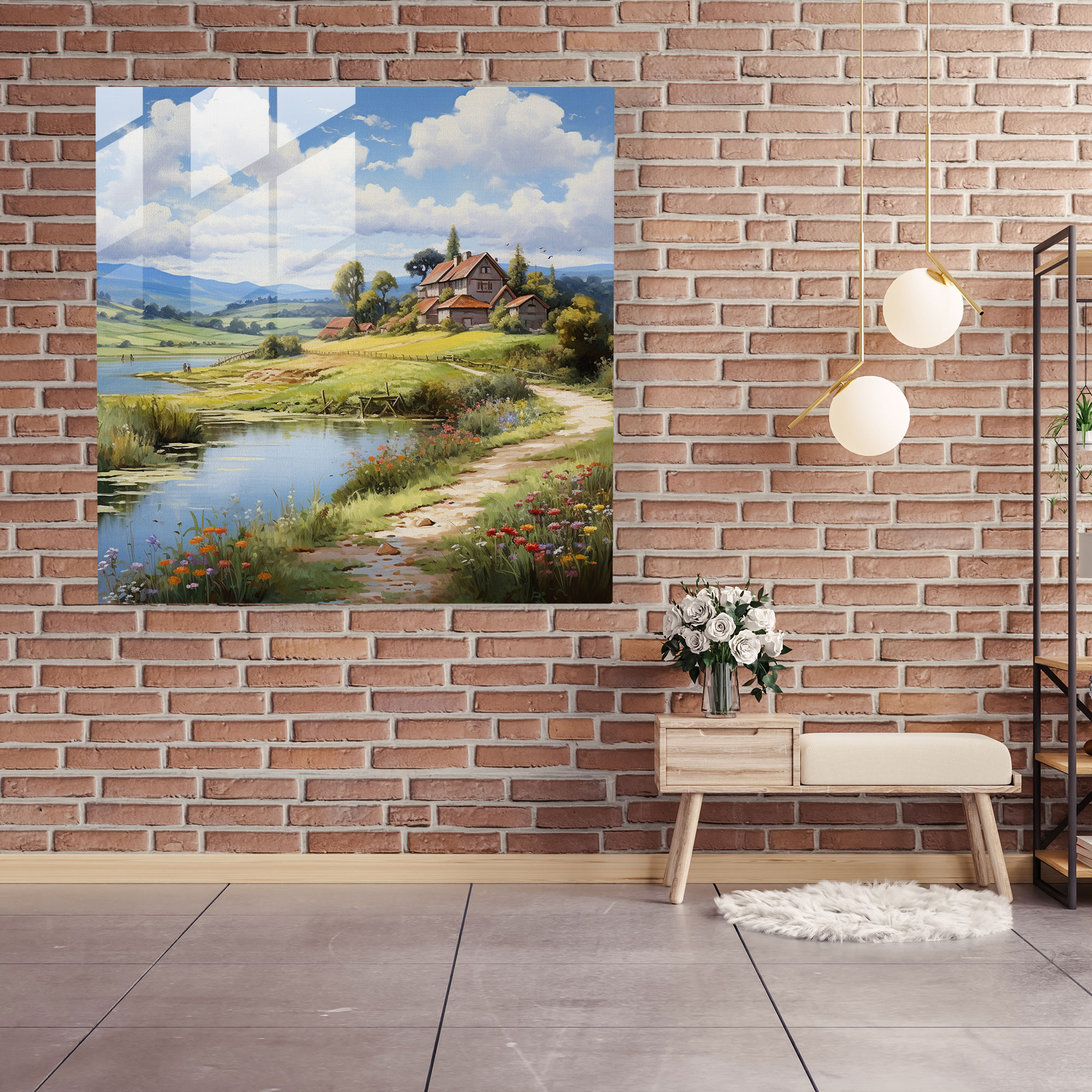 Tranquil Countryside Village Glass Print - Village, Home Decoration, Wall Decoration, Oil Painting