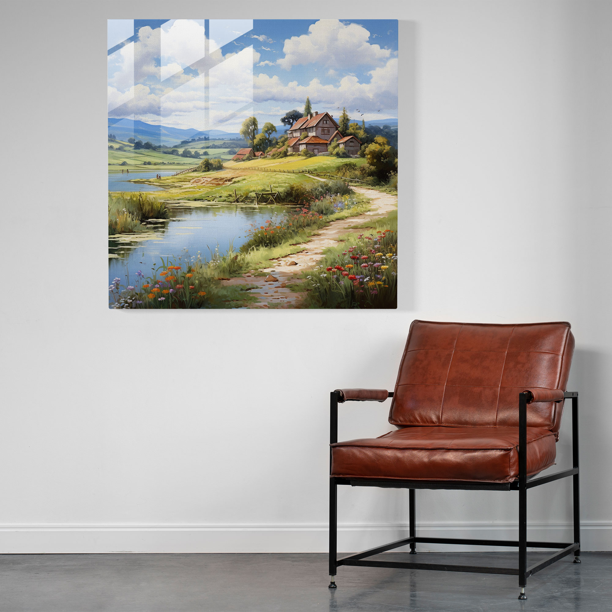 Tranquil Countryside Village Glass Print - Village, Home Decoration, Wall Decoration, Oil Painting