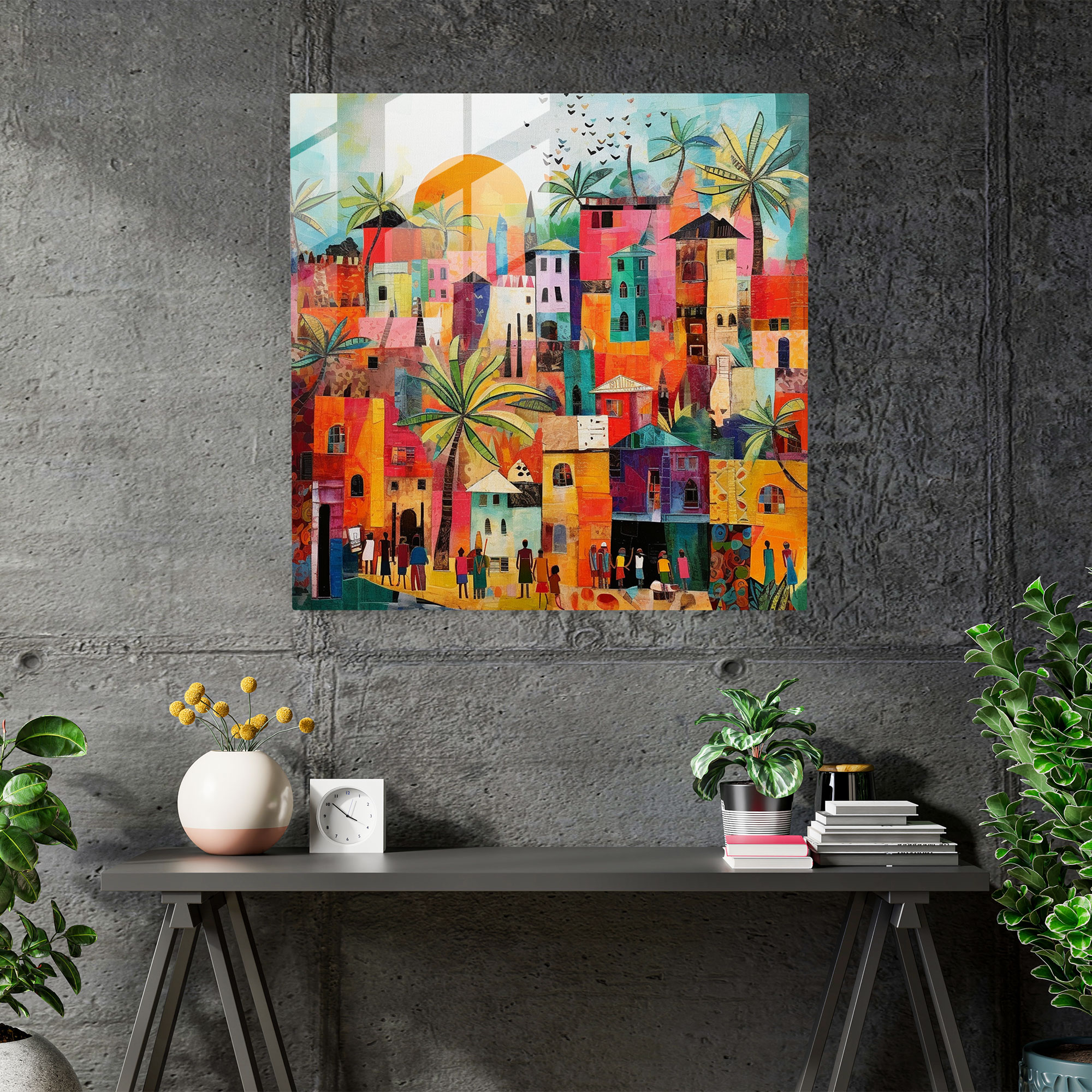 Cultural Fusion Glass Print - Village, Vibrant Village, Wall Decoration, Glass Print