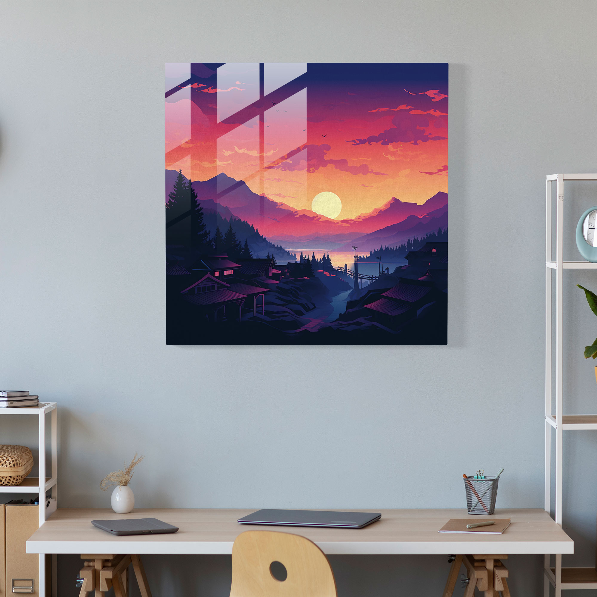 Silhouette Sunset Village Glass Print - Village, Home Decoration, Glass Wall Art, Silhouette