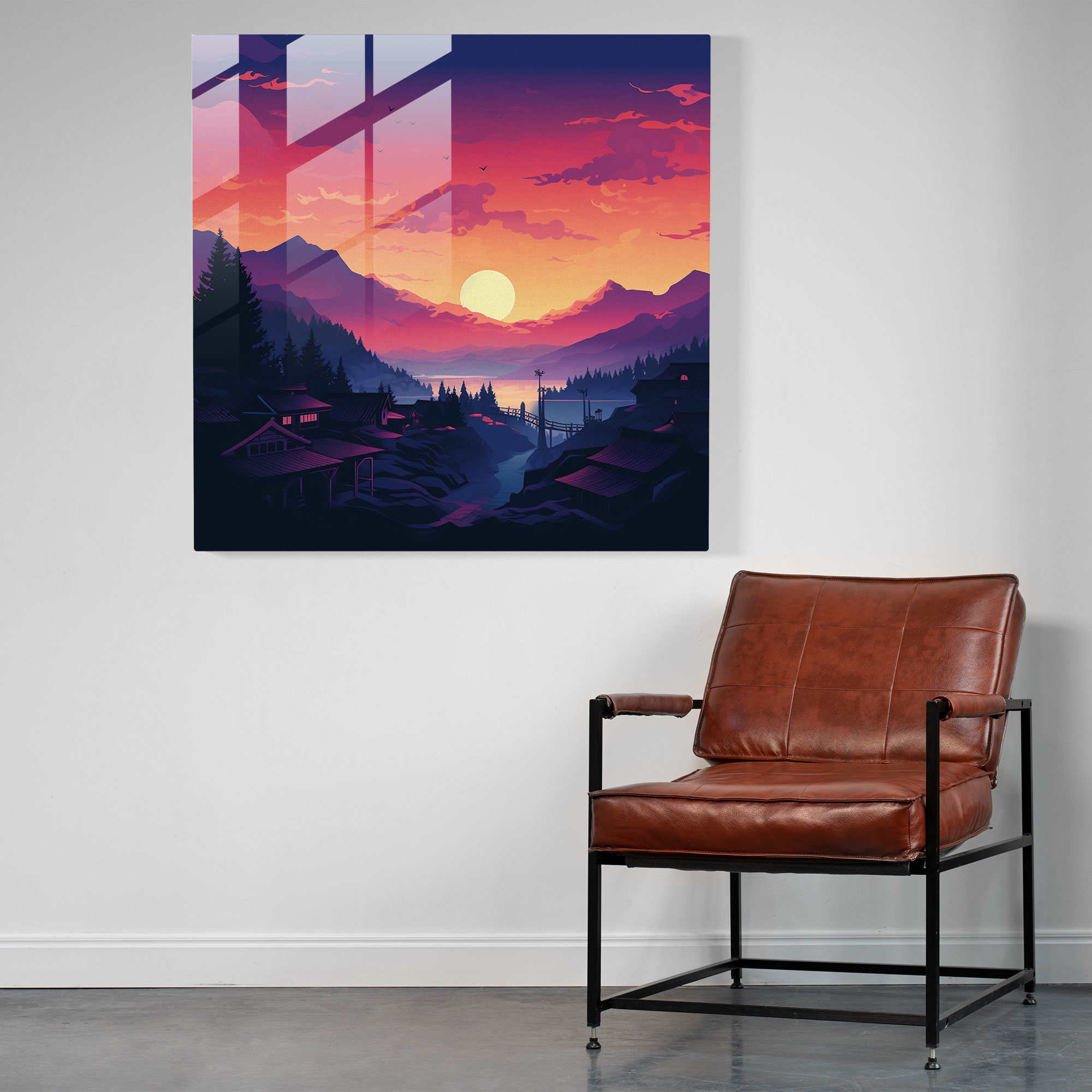 Silhouette Sunset Village Glass Print - Village, Home Decoration, Glass Wall Art, Silhouette