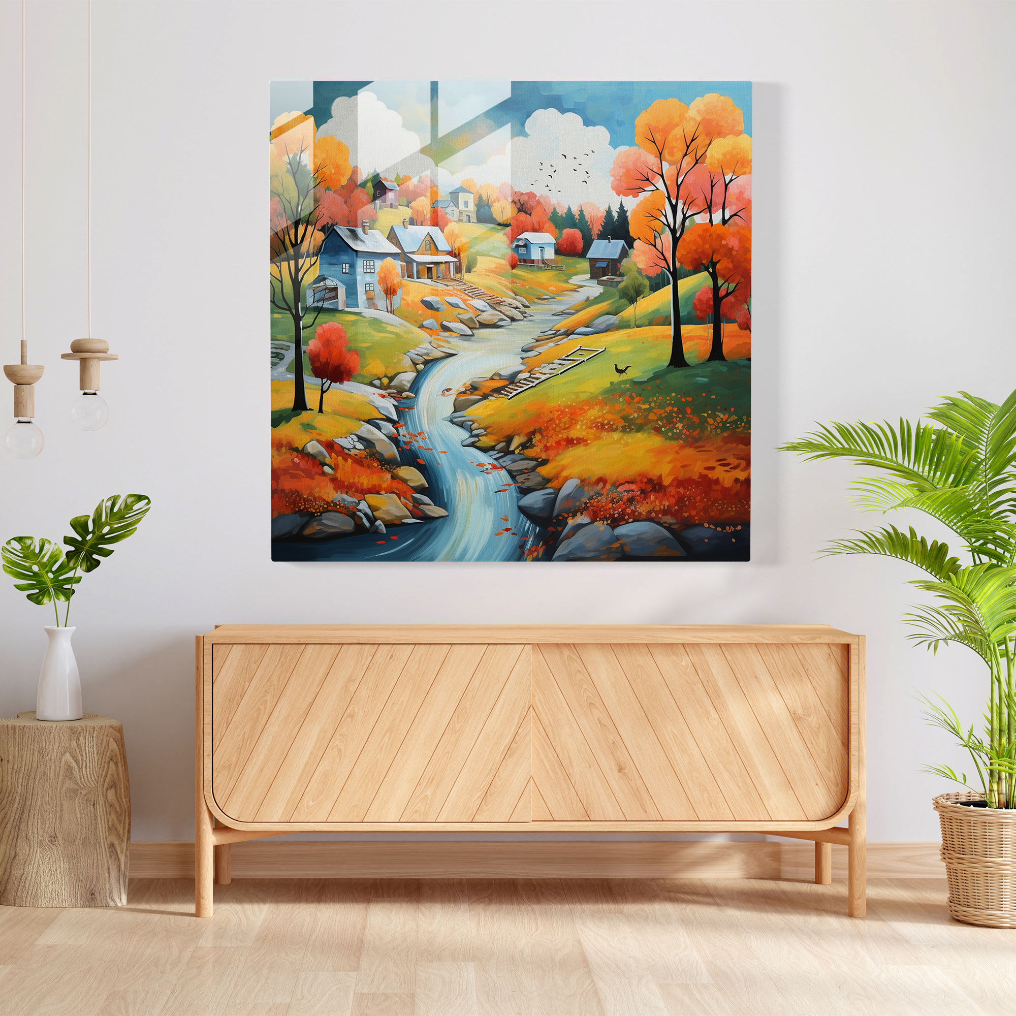 Fall Village Glass Wall Art - Village, Wall Decoration, Glass Art, Home Decoration