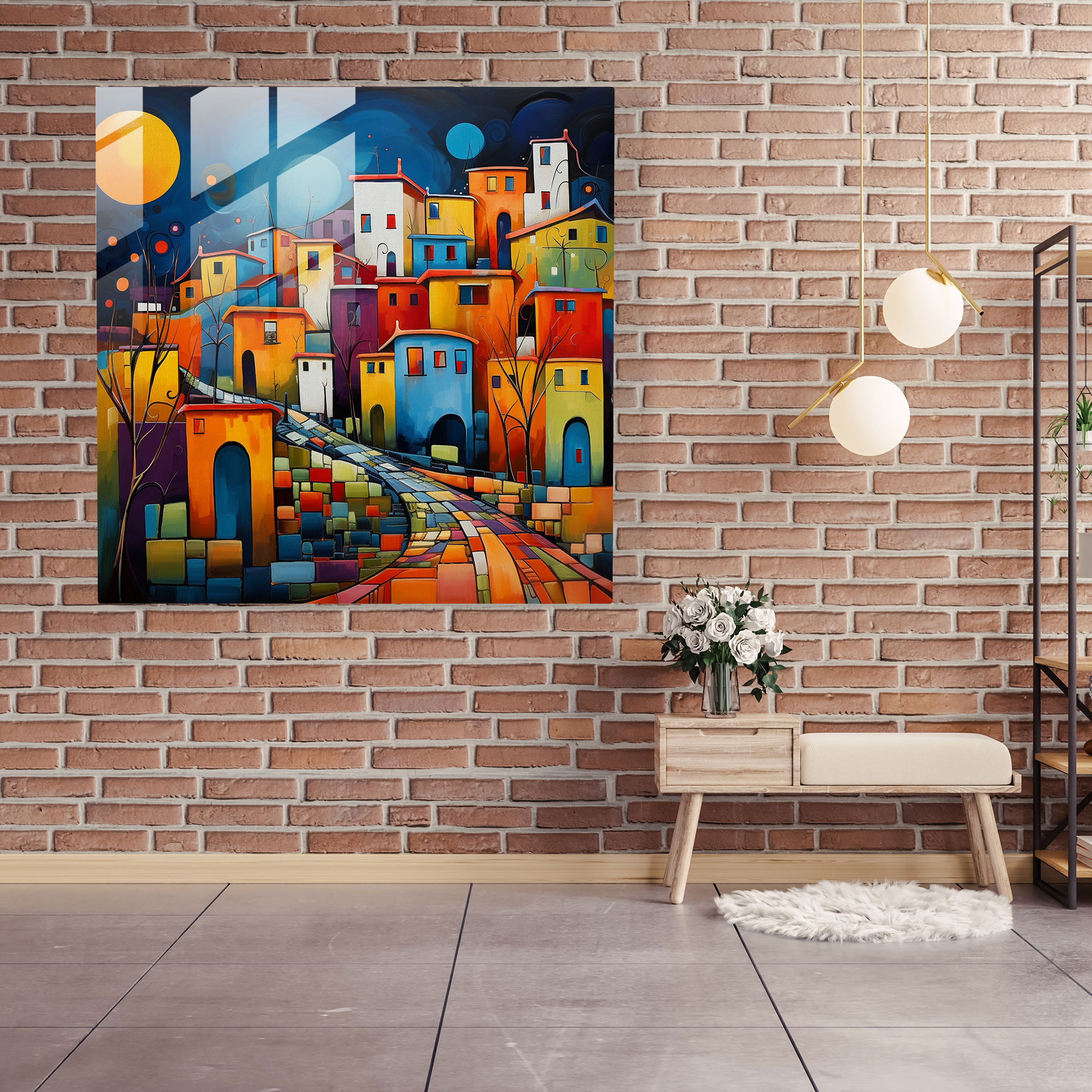 Canlı Renkli Köy Manzaralı Cam Tablo - Modern Sanat Duvar Sanatı