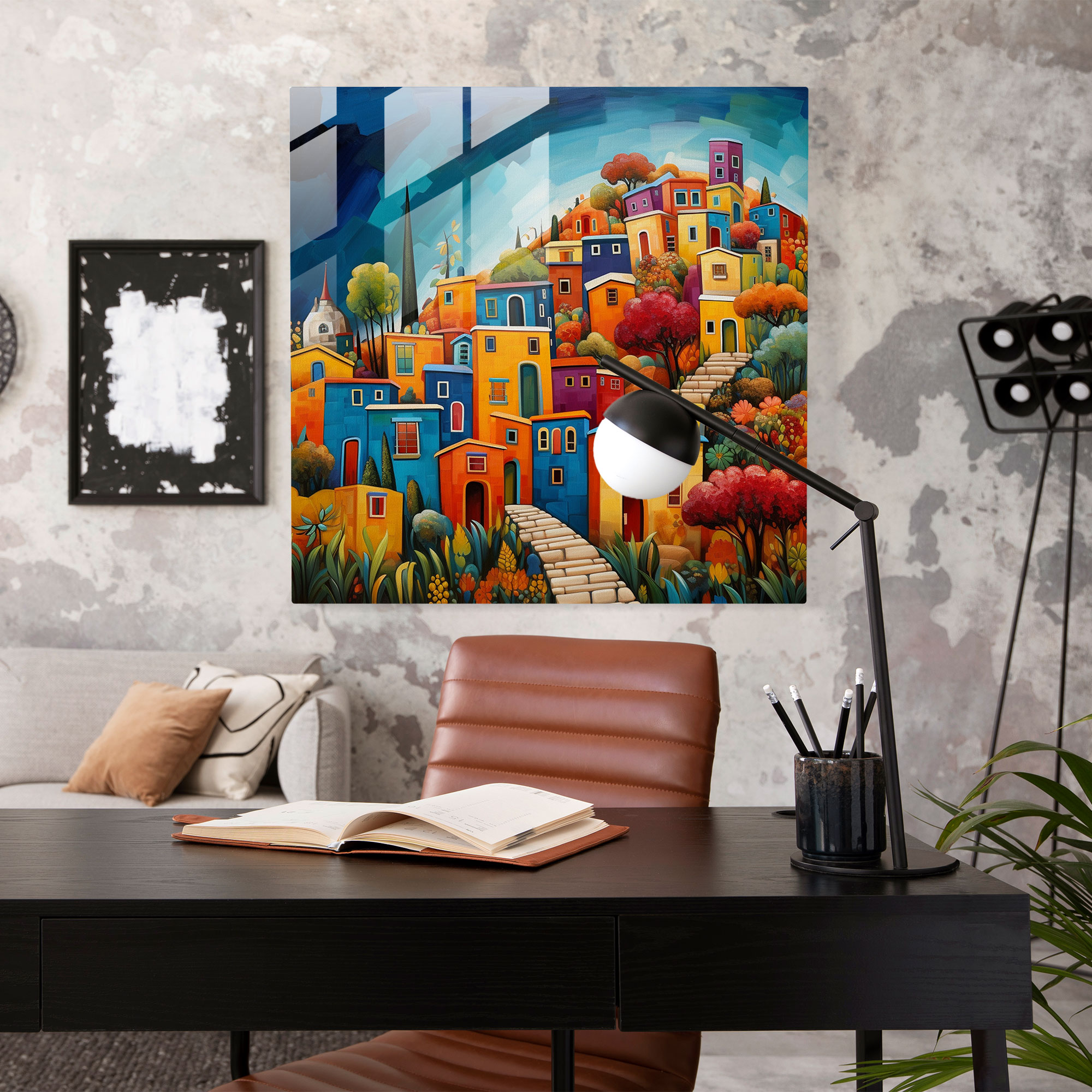 Cam Tablo - Renkli Boyanmış Köy Manzarası - Köy Renkli Ev Dekorasyonu Modern Sanat