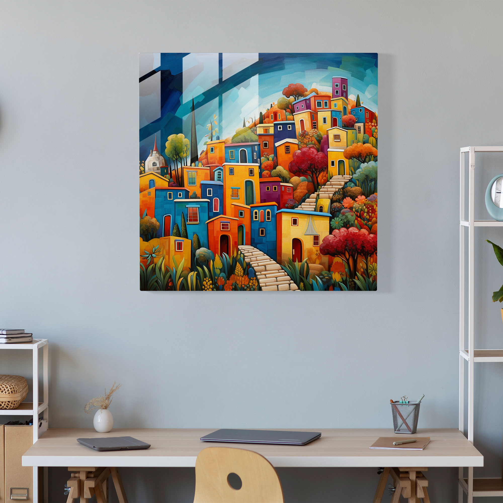 Cam Tablo - Renkli Boyanmış Köy Manzarası - Köy Renkli Ev Dekorasyonu Modern Sanat
