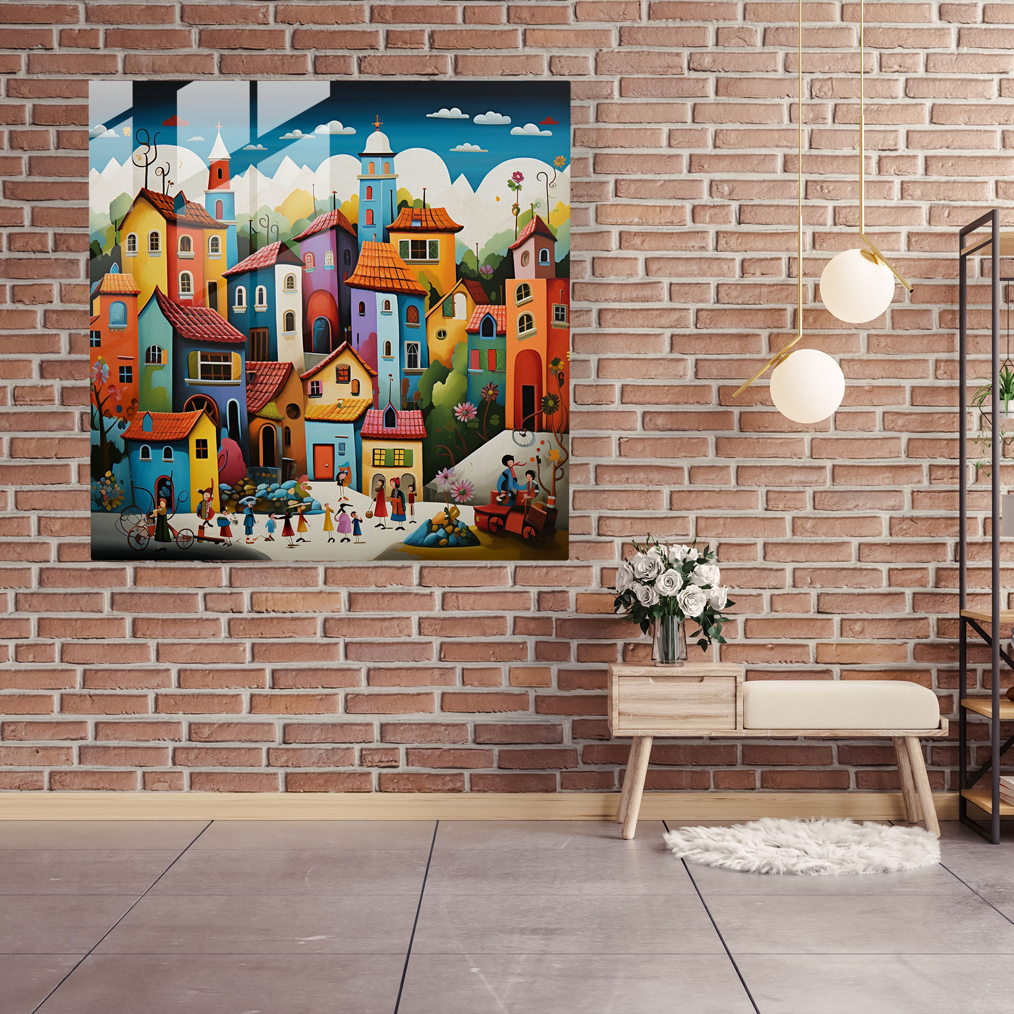 Canlı Pop Sanat Köyü Cam Tablosu - Köy Modern Sanat Pop Sanat Esintili Dinamik