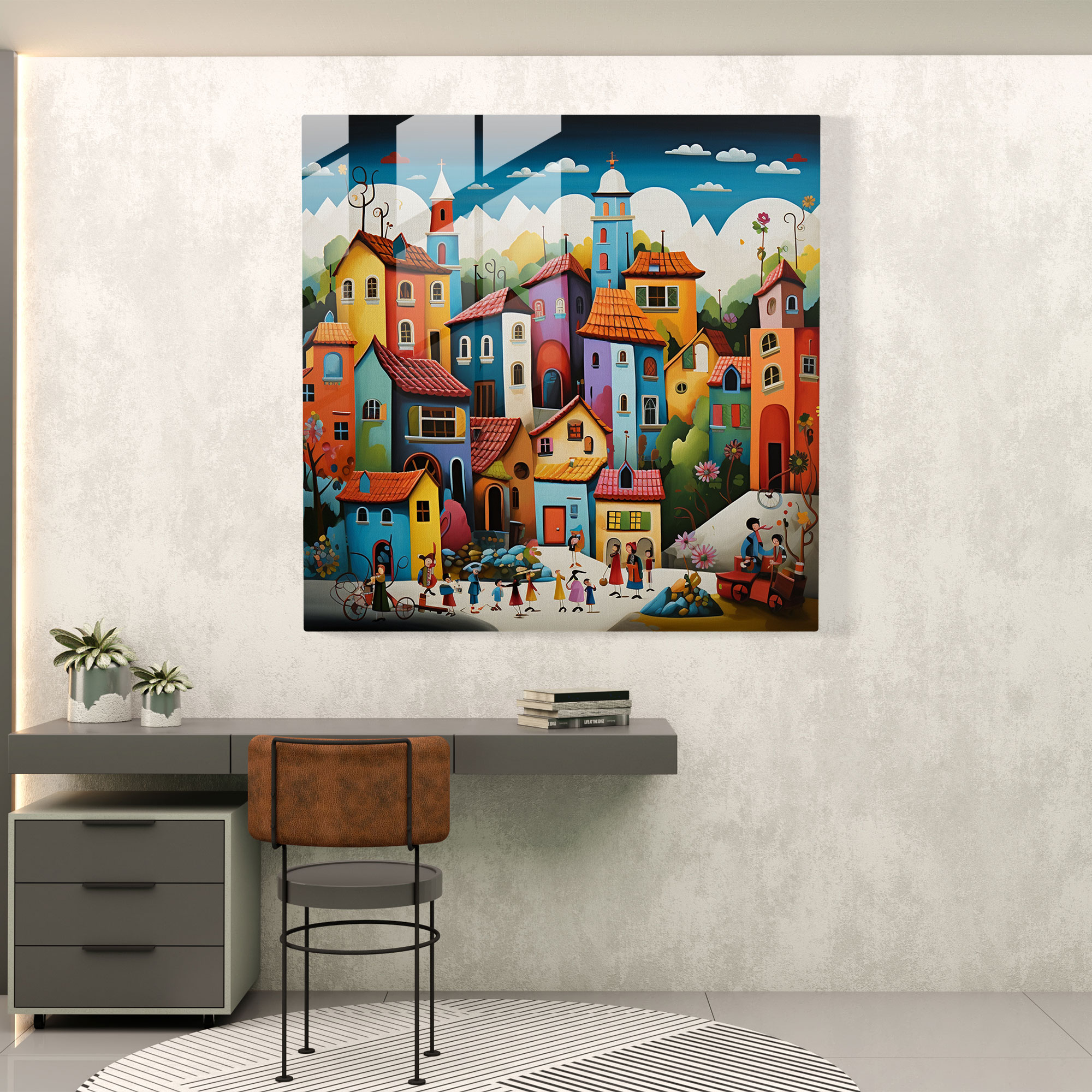 Canlı Pop Sanat Köyü Cam Tablosu - Köy Modern Sanat Pop Sanat Esintili Dinamik