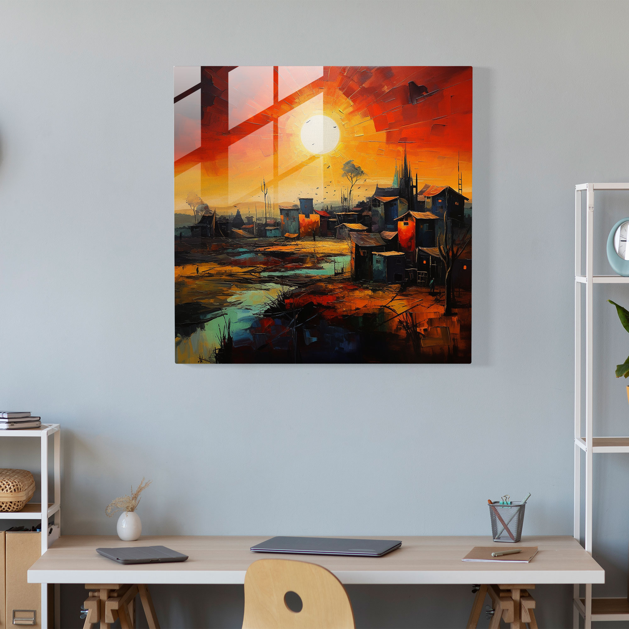 Village Sunset Glass Print - Village, Glass Art, Sunset, Home Decoration