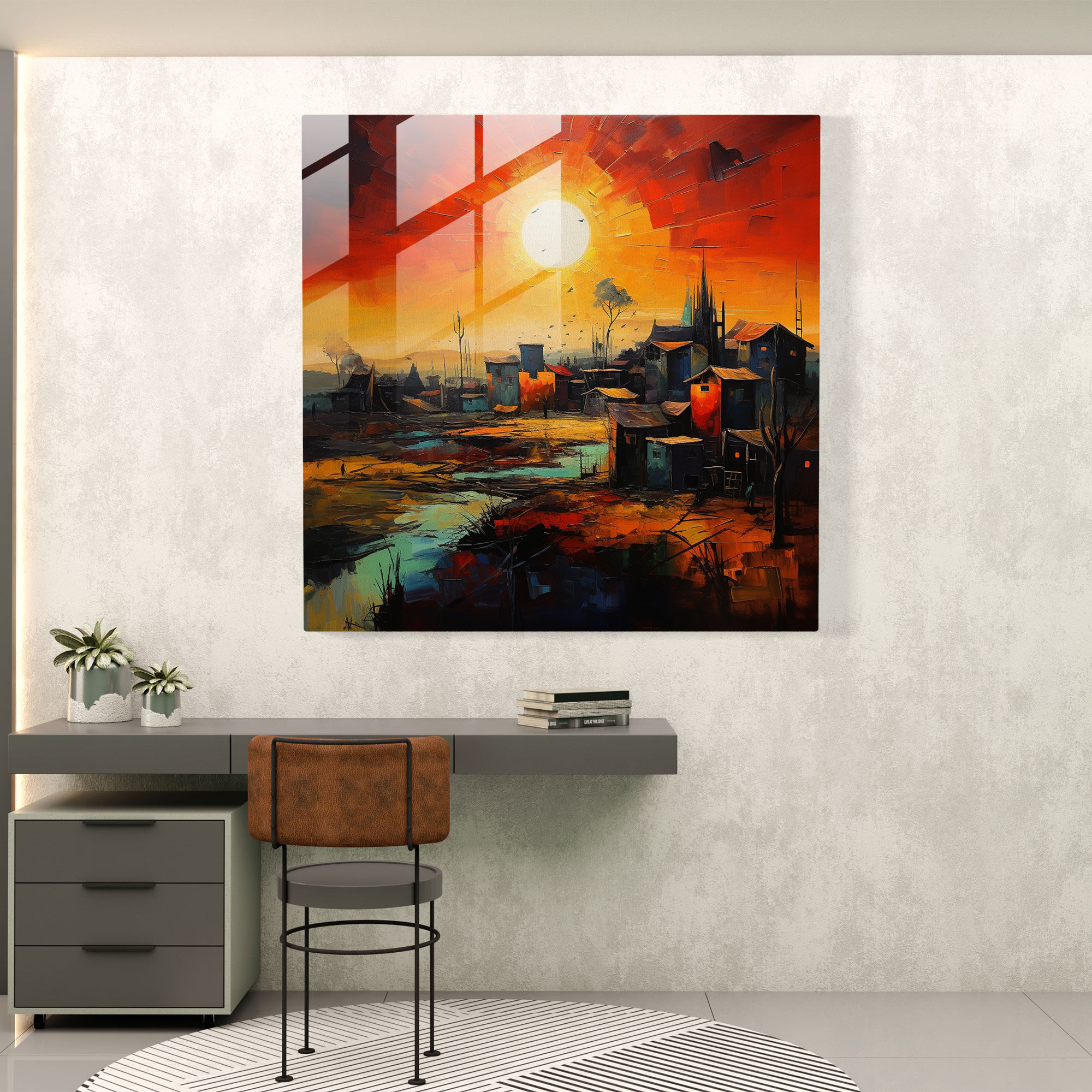 Village Sunset Glass Print - Village, Glass Art, Sunset, Home Decoration